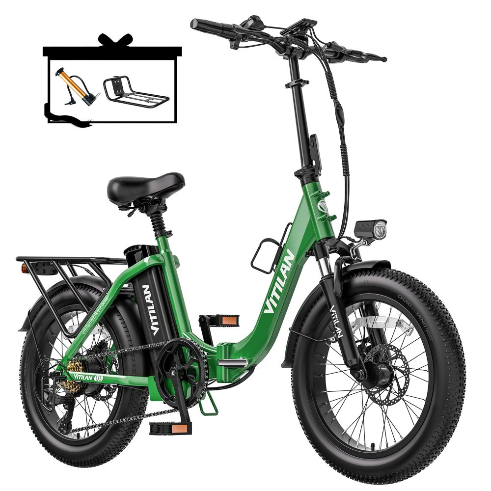 Bicicletta elettrica pieghevole verde con pneumatici grassi, luce anteriore e portapacchi.
