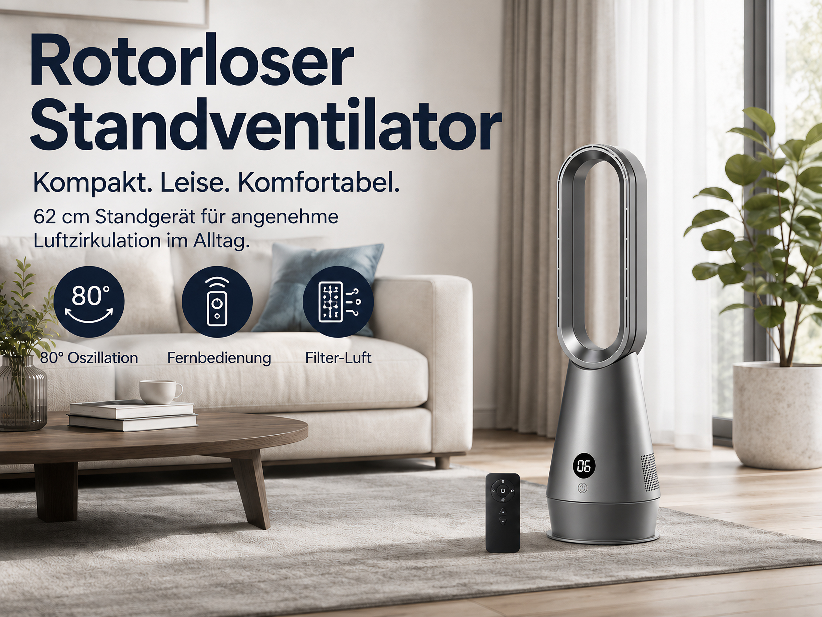 Ein moderner Turmventilator steht auf einem Teppich neben einem Sofa und einem Tisch.