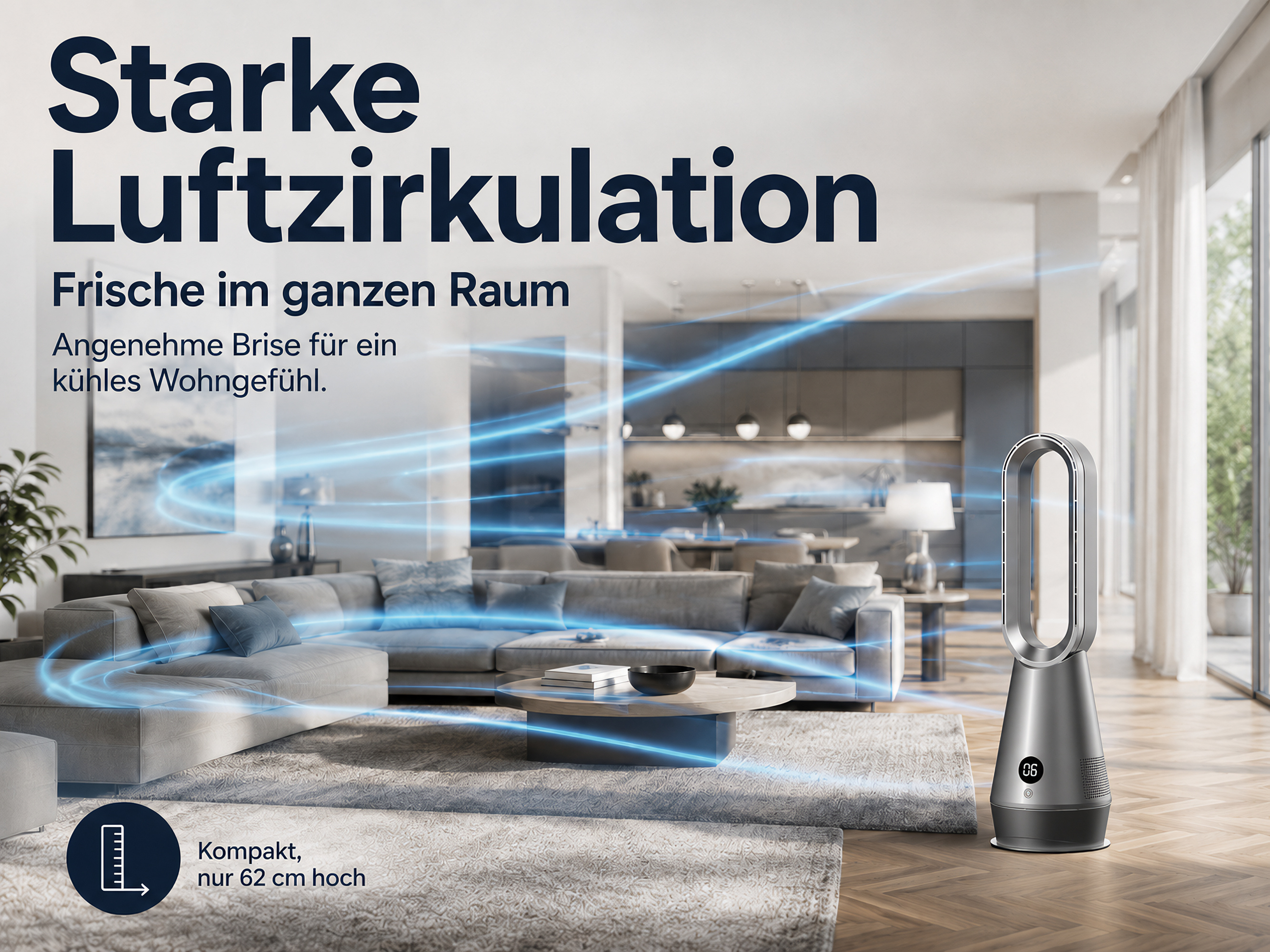 Ein silberner Turmlüfter zirkuliert Luft in einem modernen Wohnzimmer.