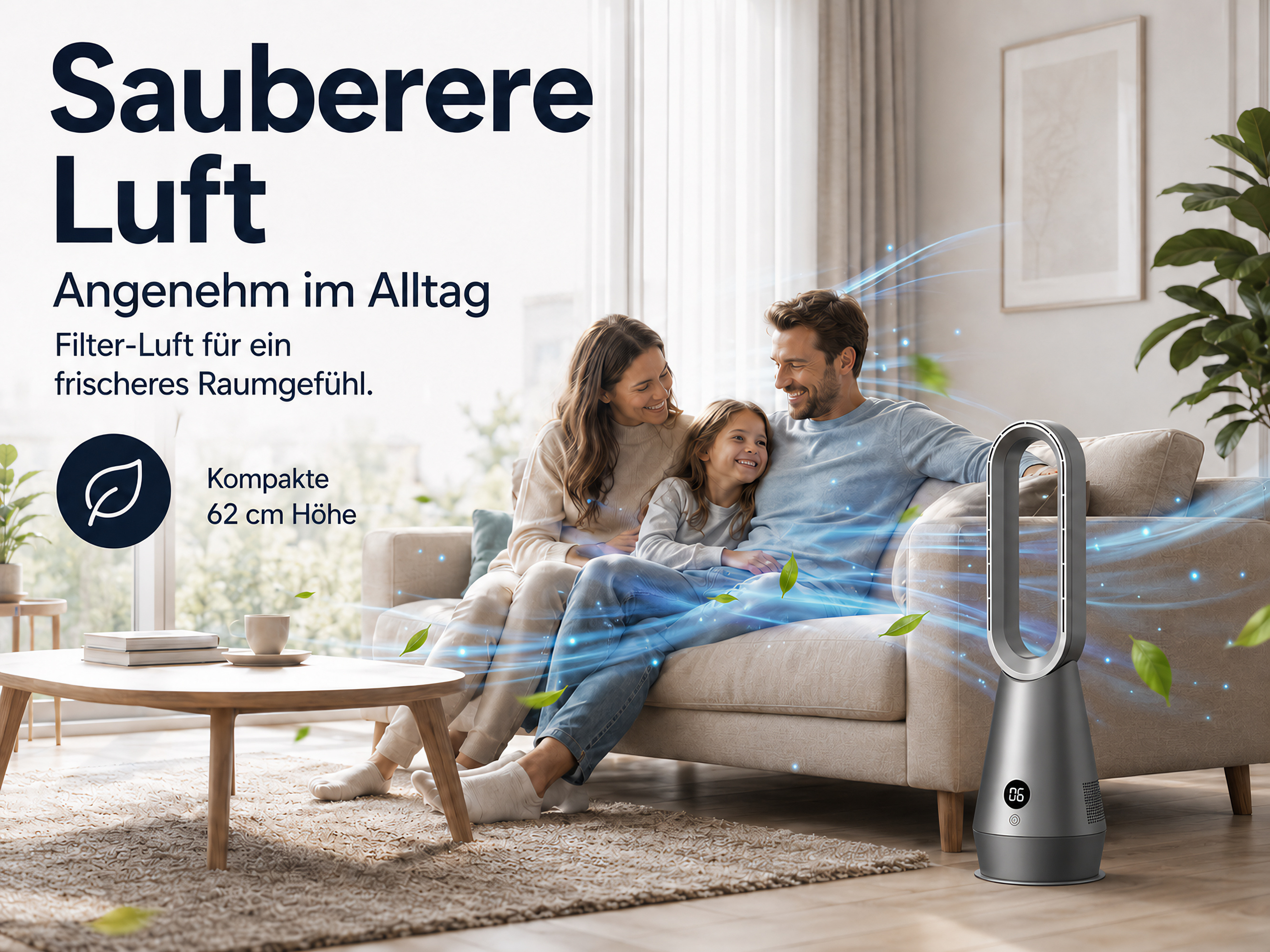 Familie auf Sofa vor Luftreiniger. Texte über saubere Luft.
