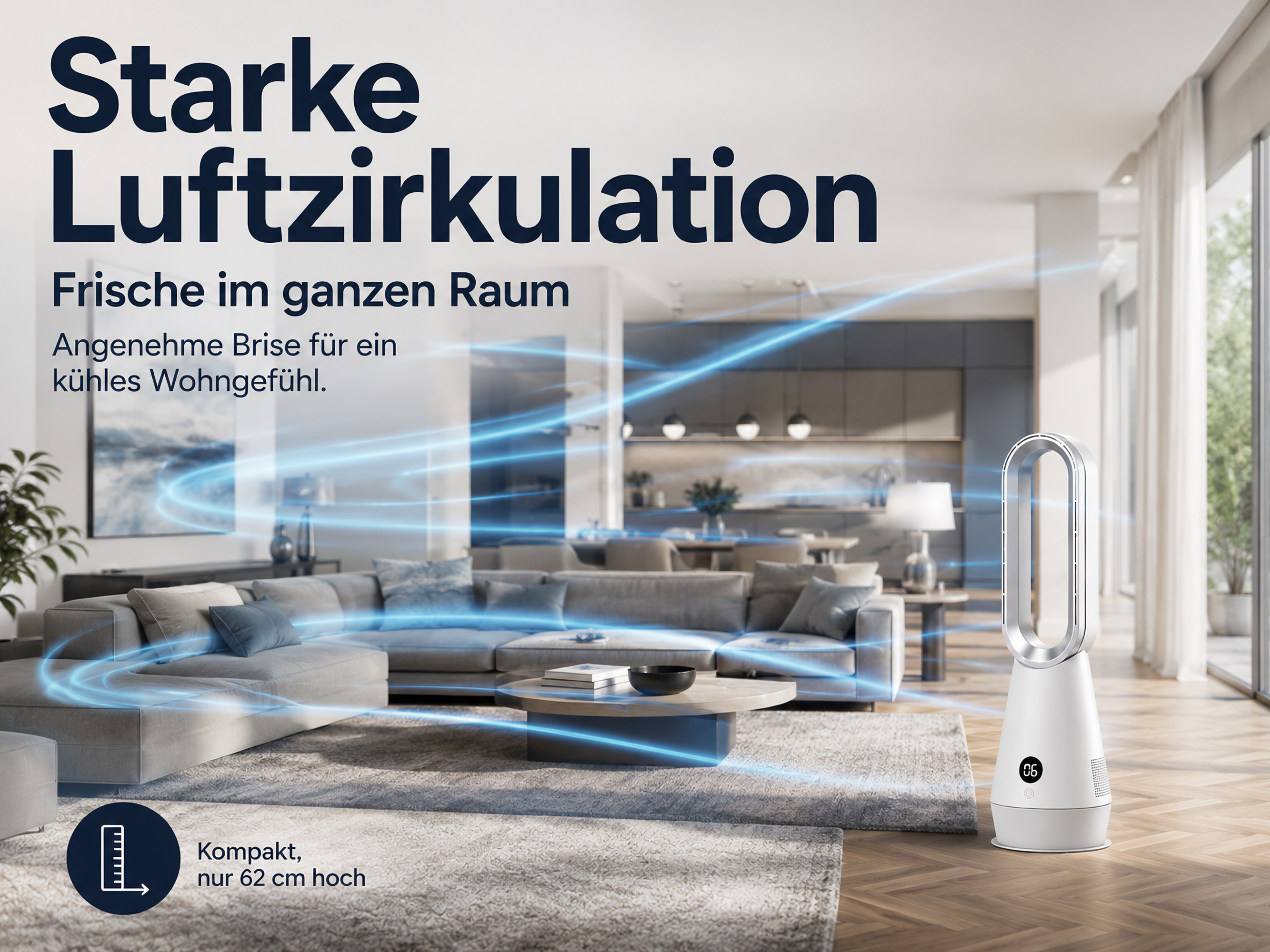 Ein weißer Turmventilator zirkuliert blaue Luftströme in einem modernen Wohnzimmer.