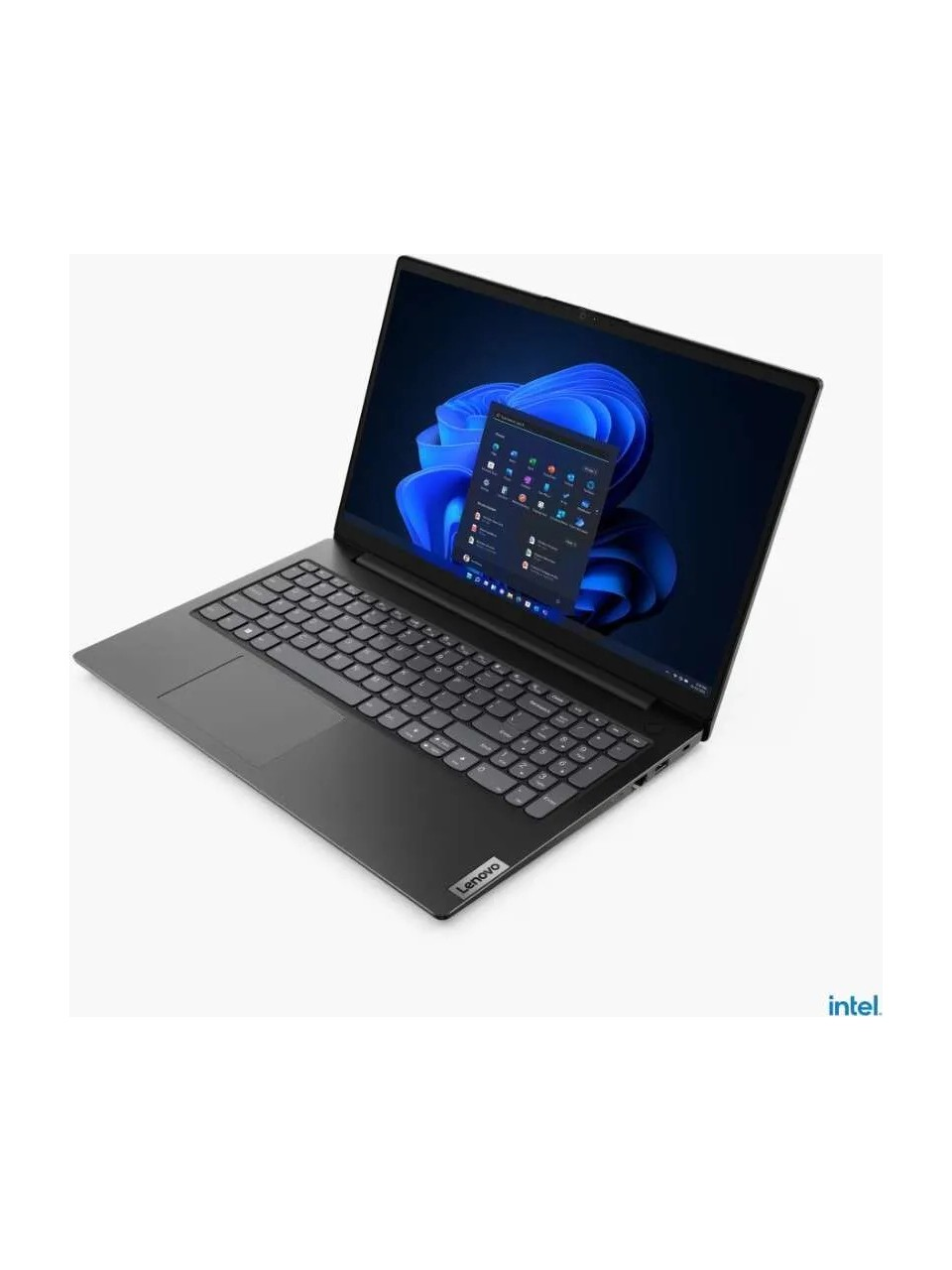 Intel logolu siyah Lenovo dizüstü bilgisayar beyaz zeminde açık.