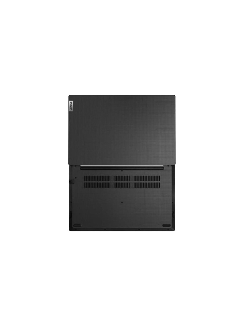 Kapalı siyah Lenovo dizüstü bilgisayarın üstten görünümü, dokulu kapağı ve havalandırmalı tabanı gösteriyor.