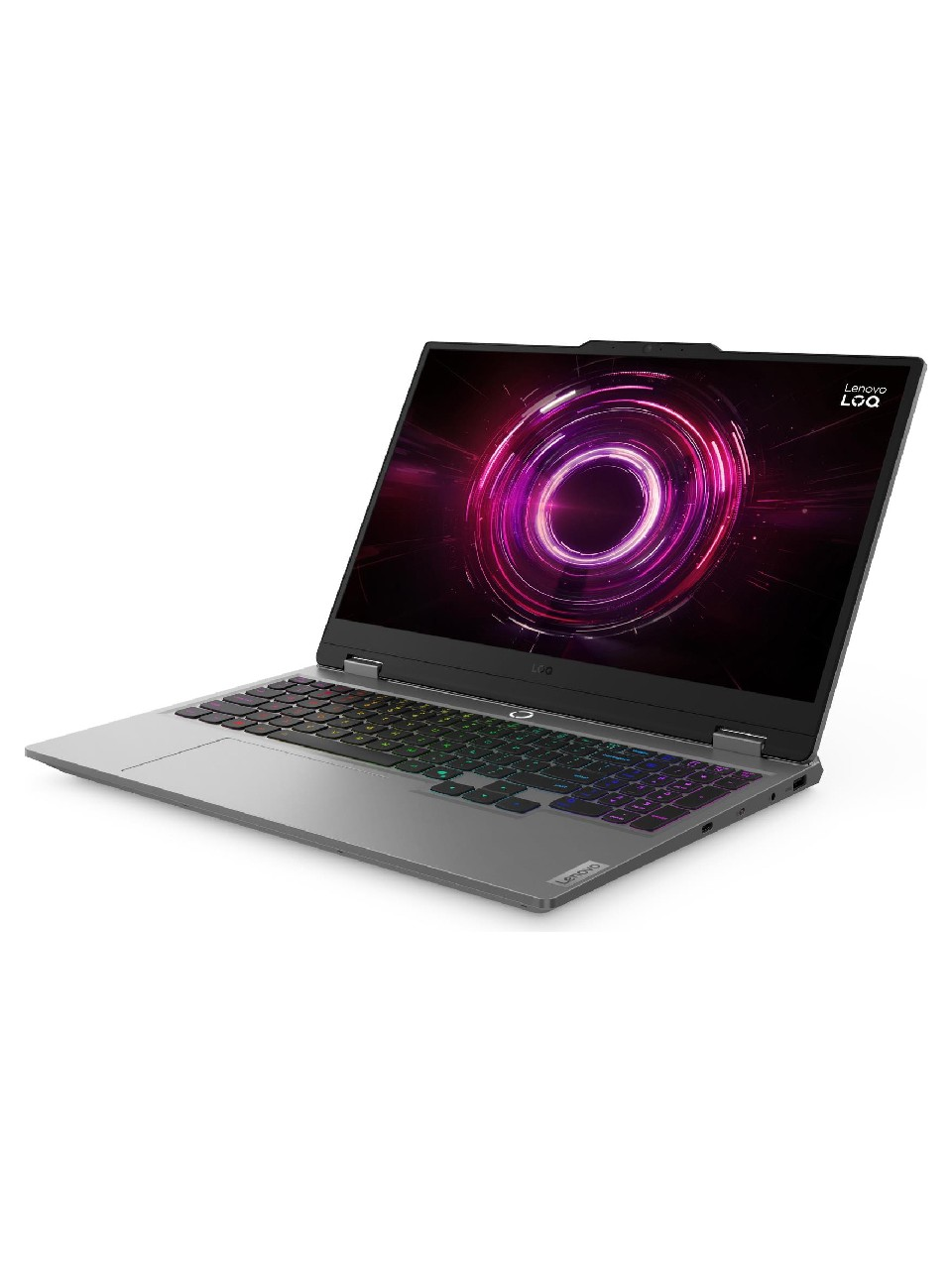 Renkli klavyeli gümüş Lenovo dizüstü bilgisayar ve ekranda canlı dairesel grafik.
