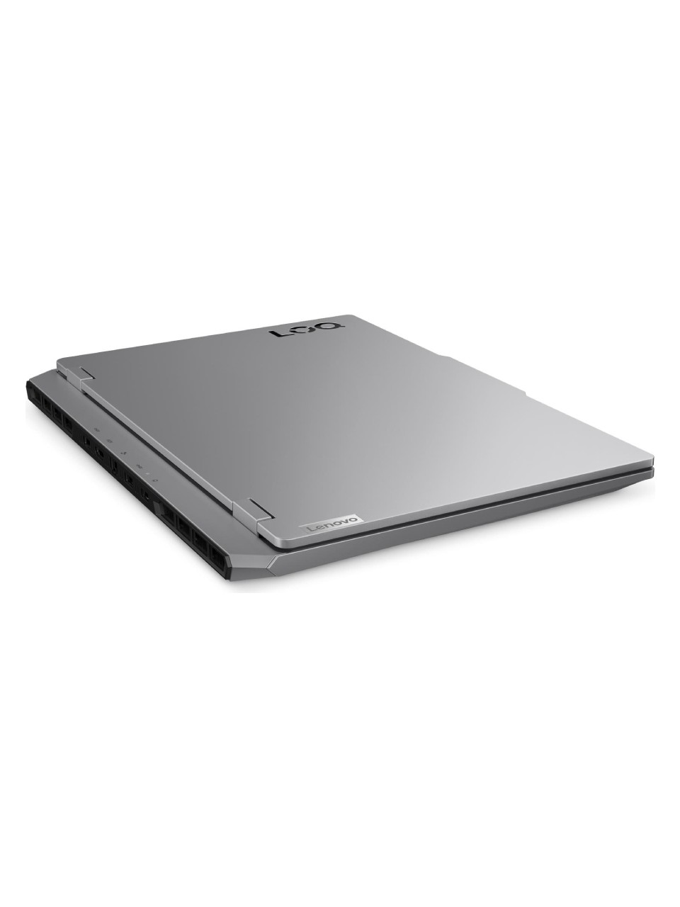Kapalı gümüş rengi Lenovo dizüstü bilgisayar, üzerinde logosu bulunur.