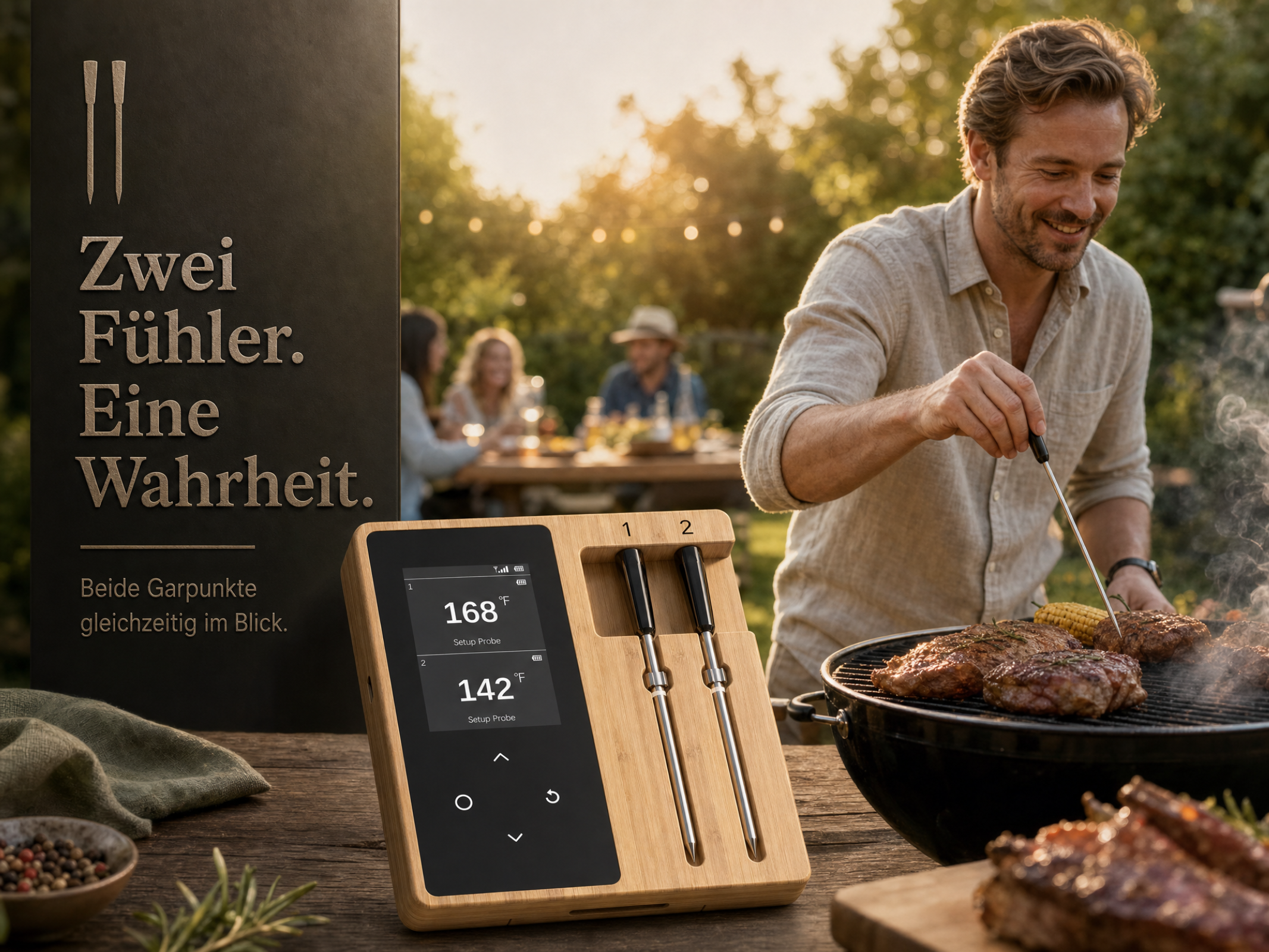 Ein Mann grillt Fleisch und Maiskolben im Freien, daneben ein Thermometer mit zwei Fühlern.