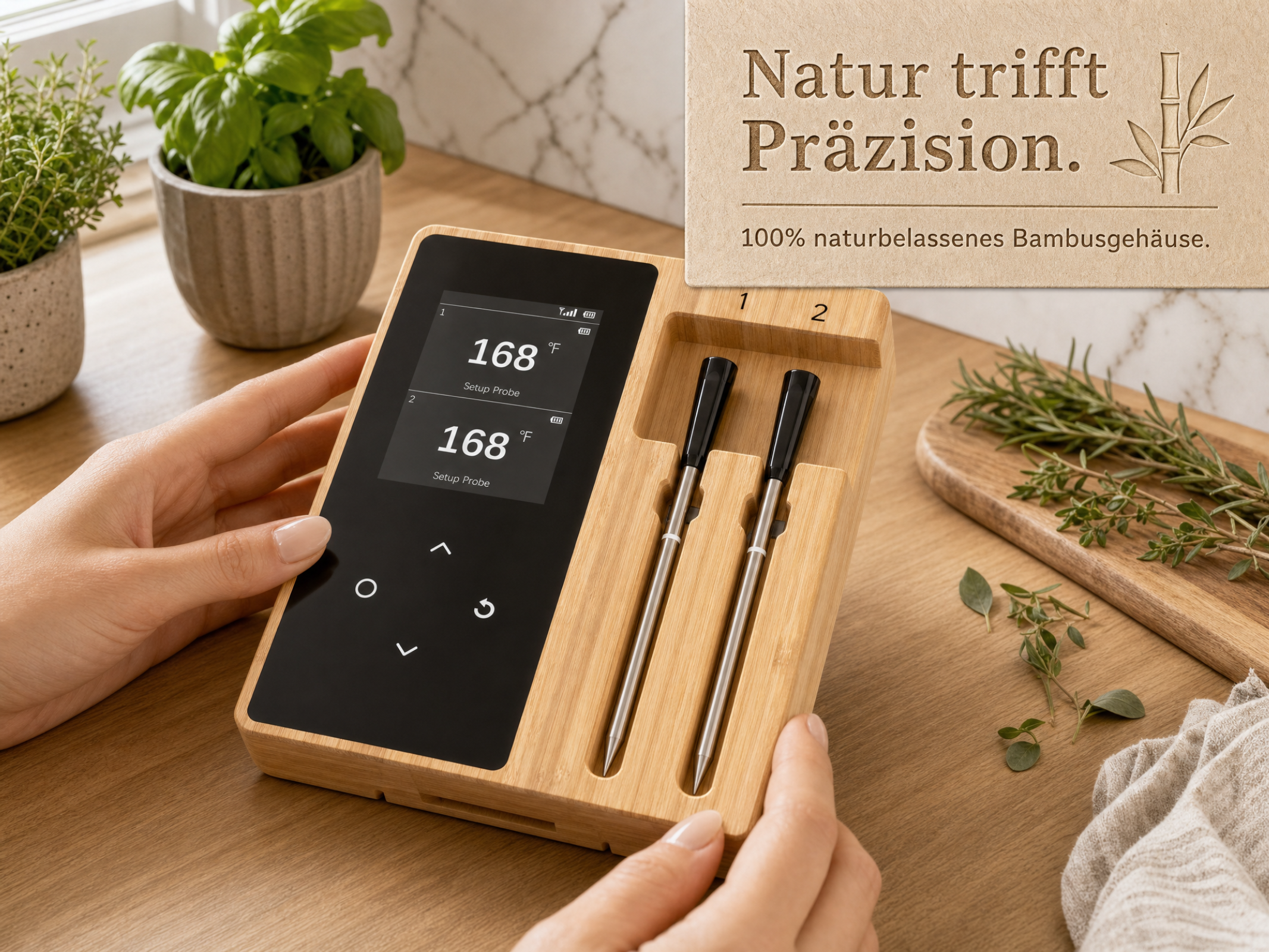 Digitales Fleischthermometer mit zwei Sonden in einem Bambusgehäuse mit Kräutern.