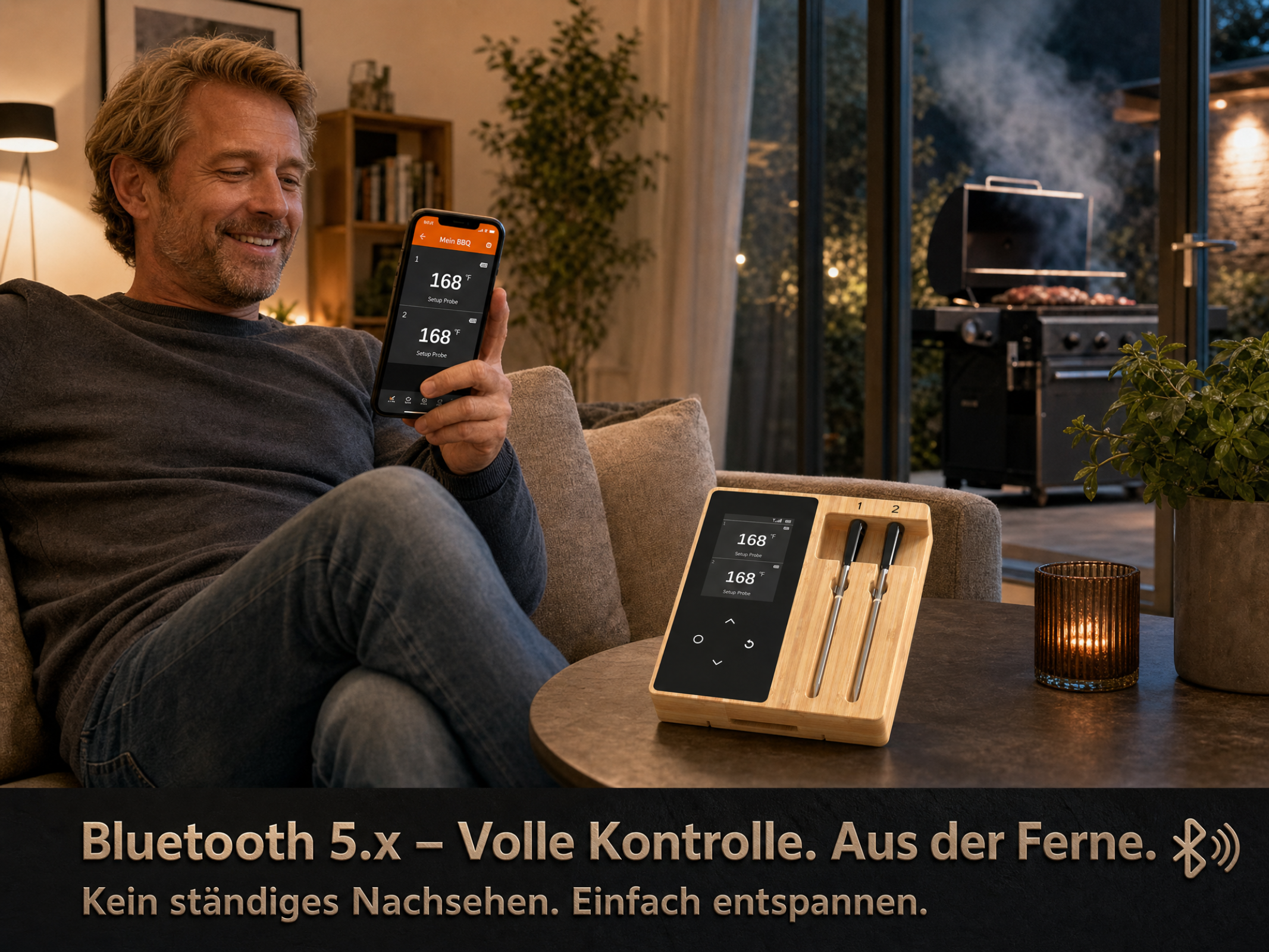 Mann entspannt auf Sofa und bedient Grill-Thermometer per App. Draußen wird gegrillt.