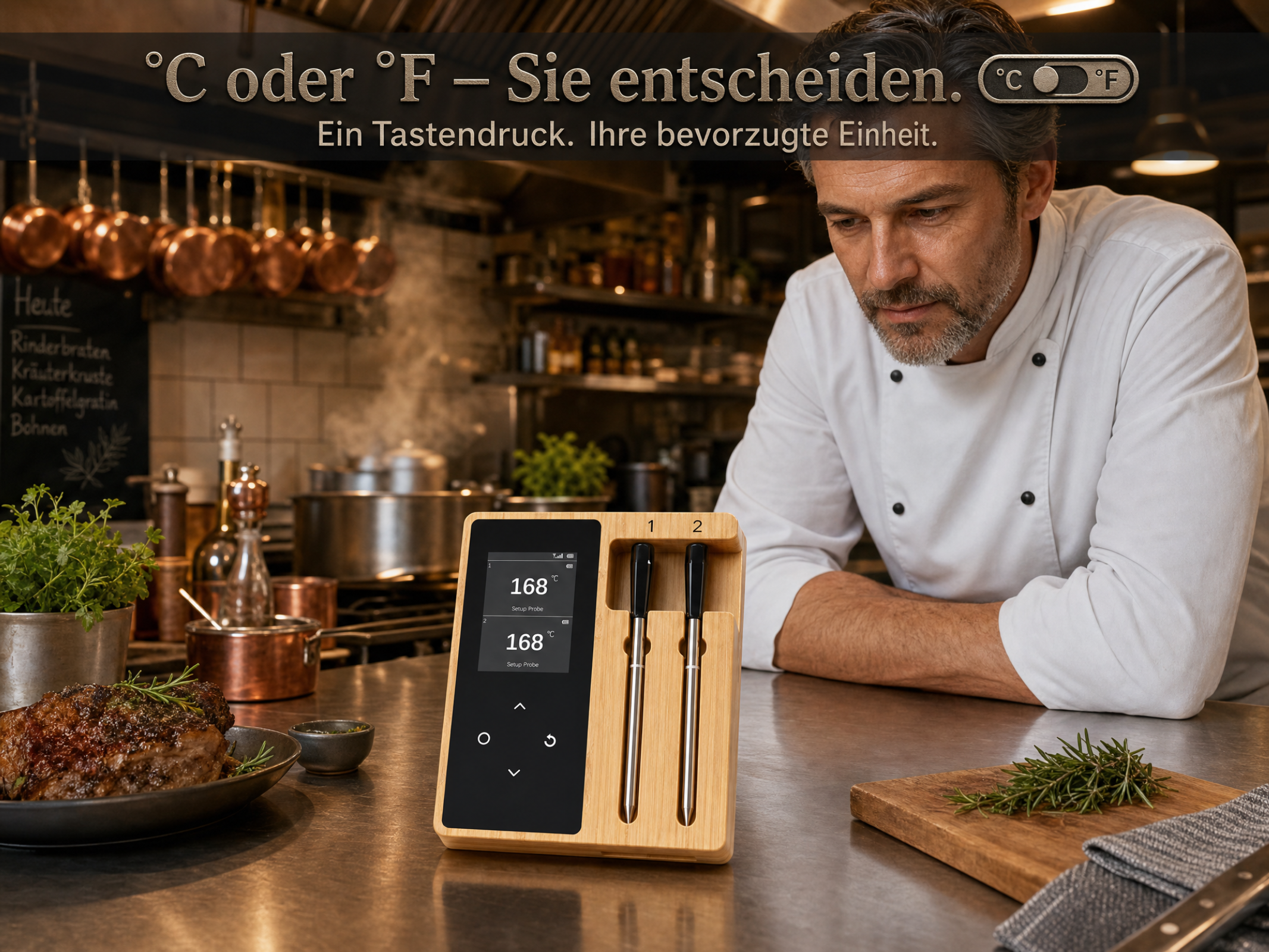 Ein Koch in einem weißen Kittel betrachtet ein Fleischgericht und ein Thermometer.
