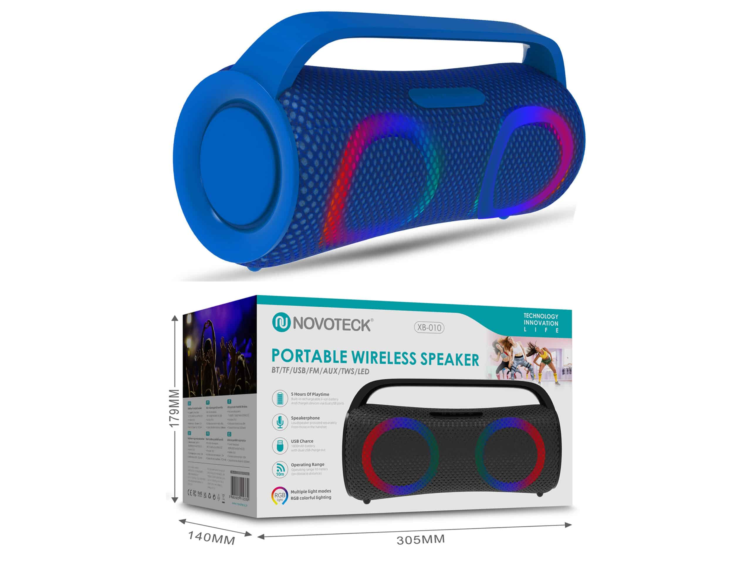 Un altoparlante Bluetooth portatile blu con illuminazione RGB e maniglia. La sua confezione è accanto.