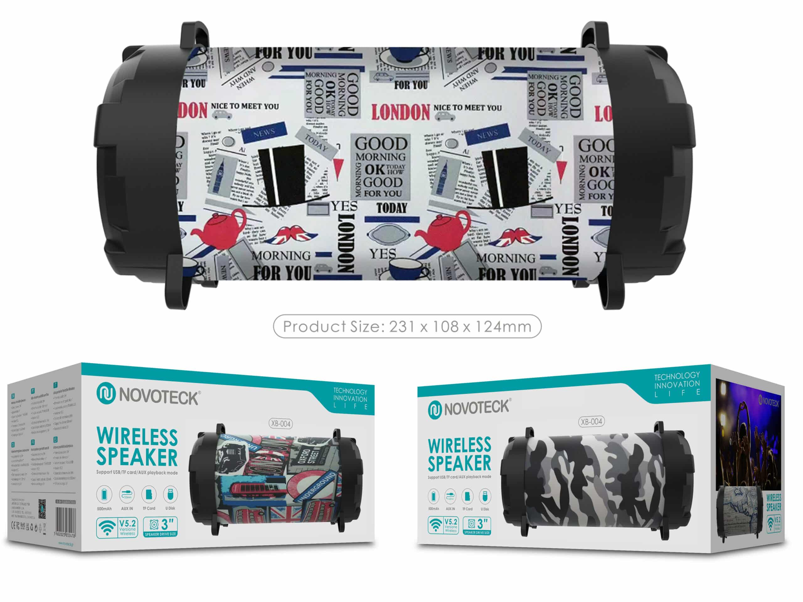 Un altavoz cilíndrico con estampado de periódico y bandera de Londres. Tamaño del producto 231x108x124mm.
