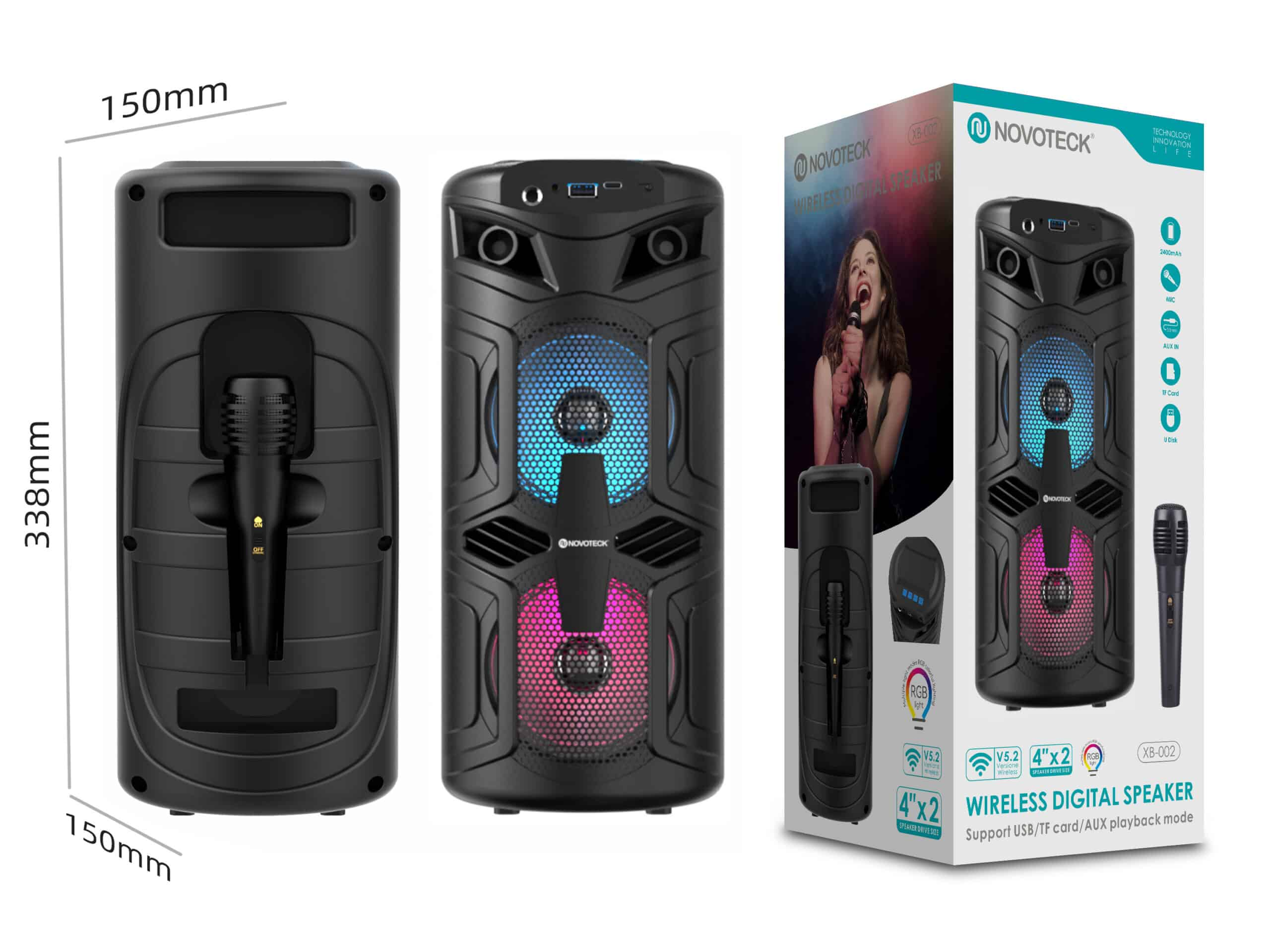 Un altoparlante digitale nero con microfono e illuminazione RGB.