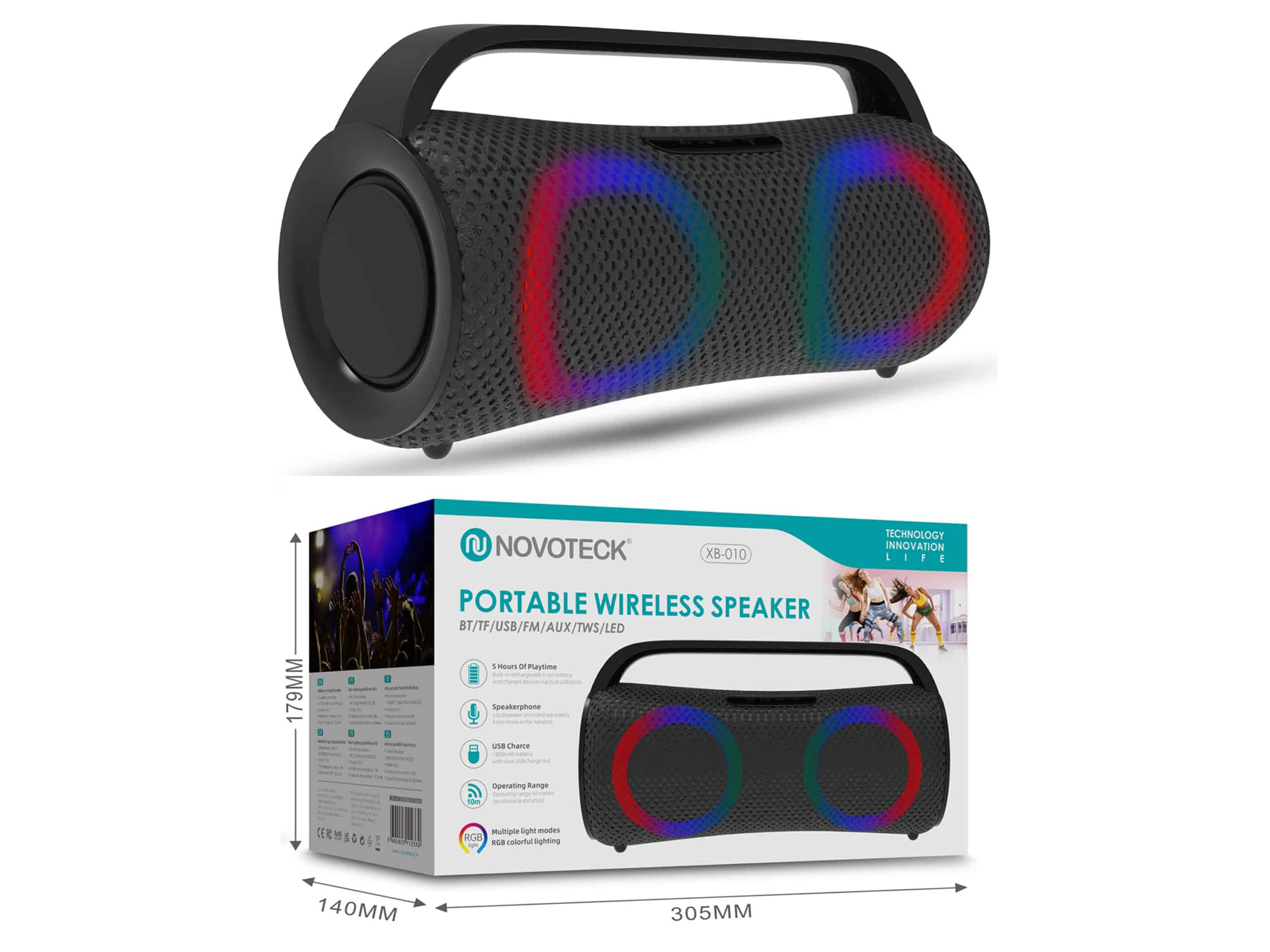 Altoparlante portatile nero con illuminazione RGB e manico. Confezione accanto.