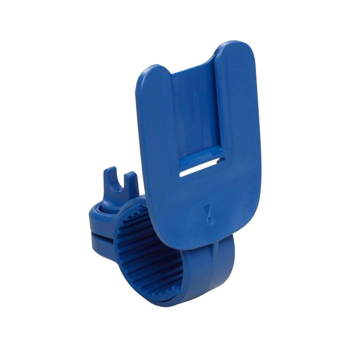 Una abrazadera de plástico azul con superficie interior acanalada y clip superior en U.