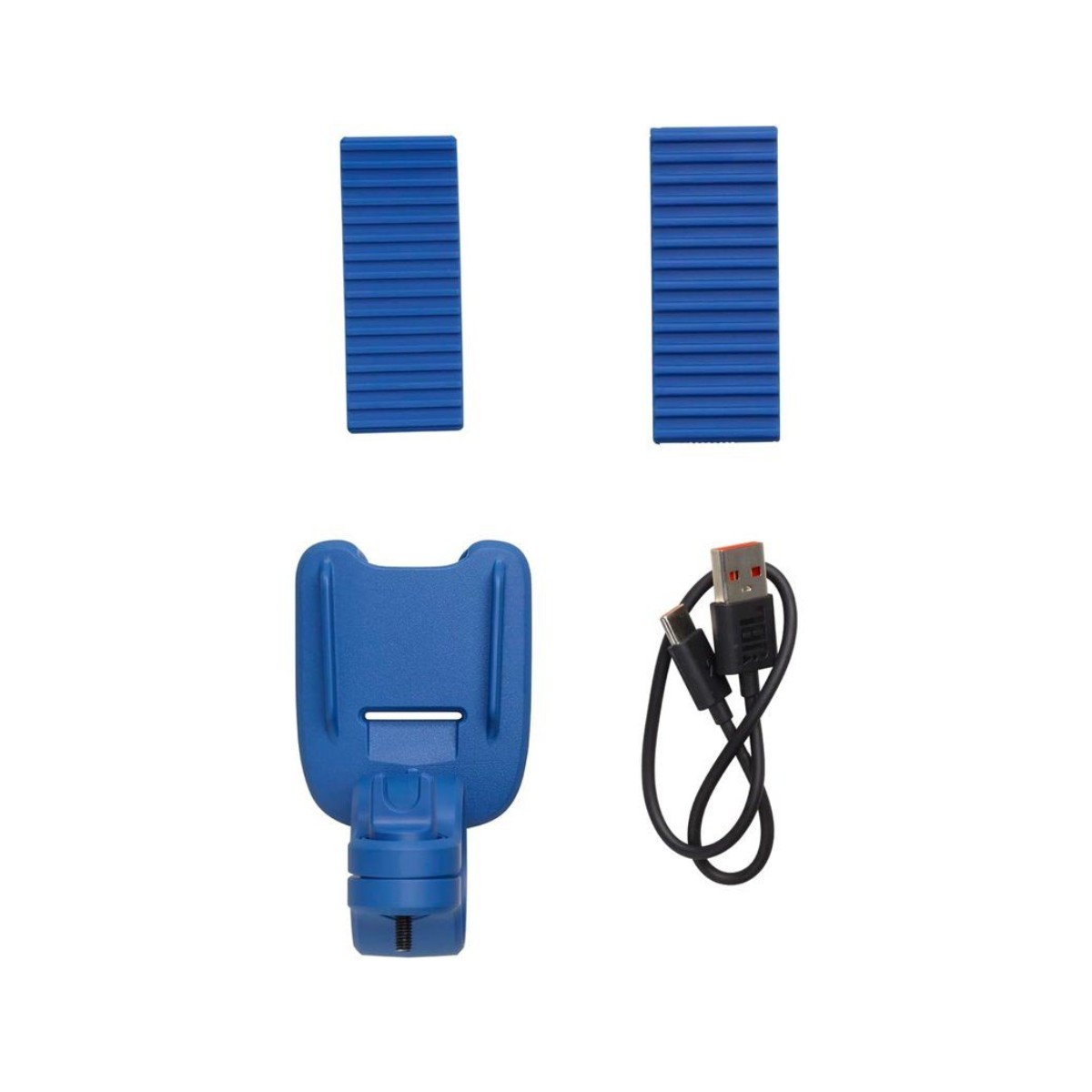 Dos tiras azules, un soporte azul y un cable USB sobre fondo blanco.