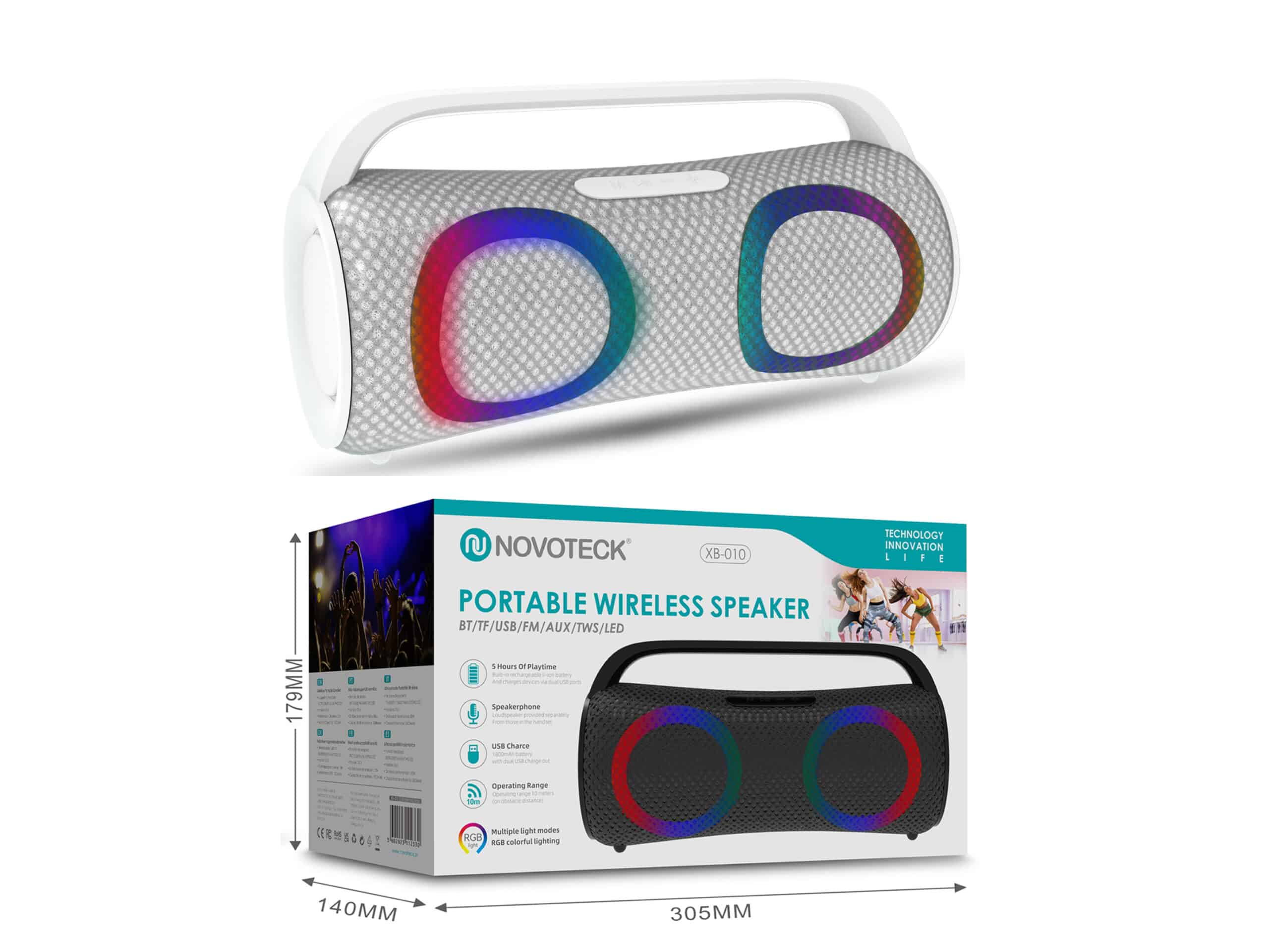 Un altoparlante Bluetooth bianco portatile con anelli luminosi RGB e maniglia.