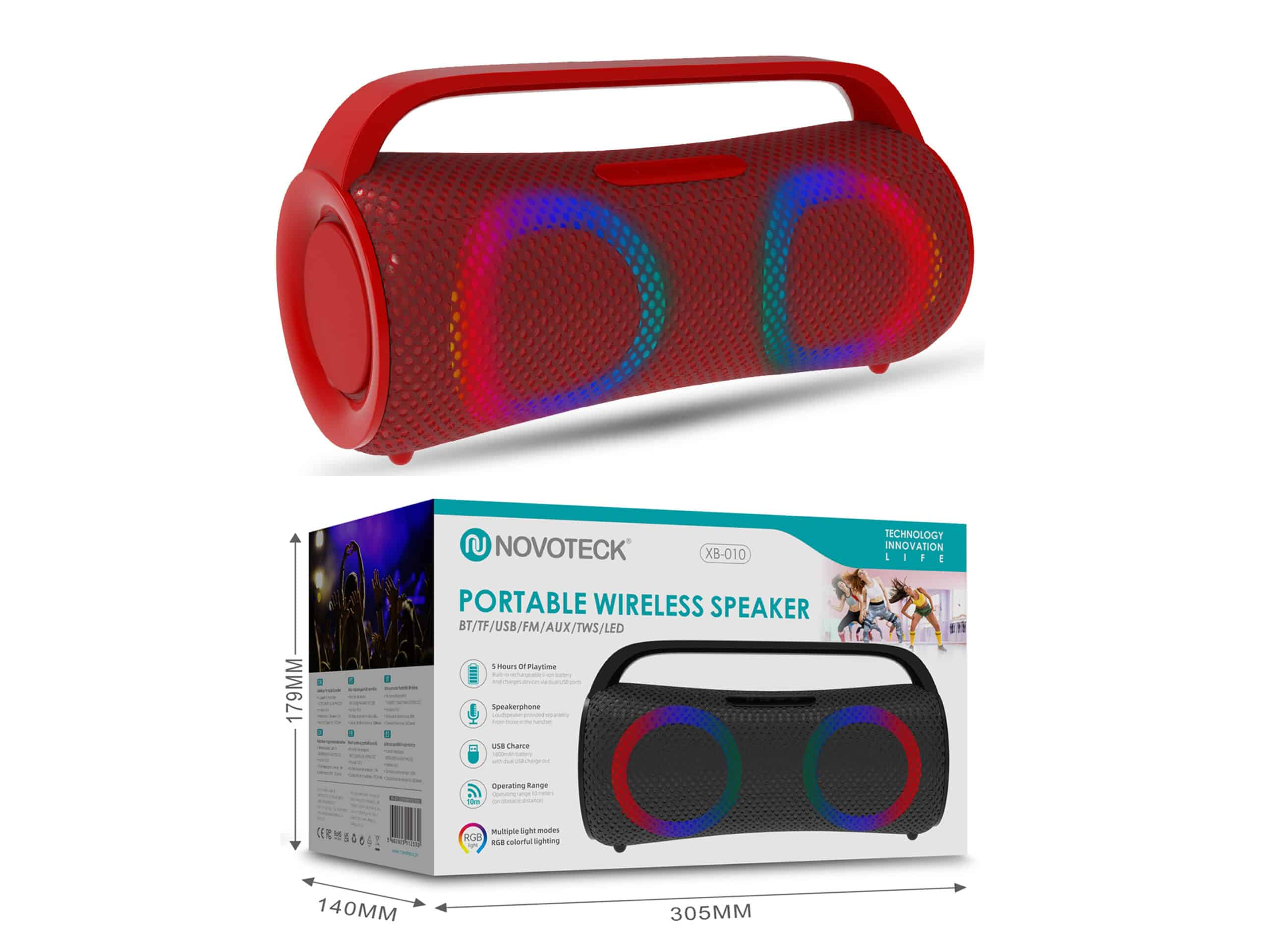 Altoparlante portatile rosso con illuminazione RGB e confezione.