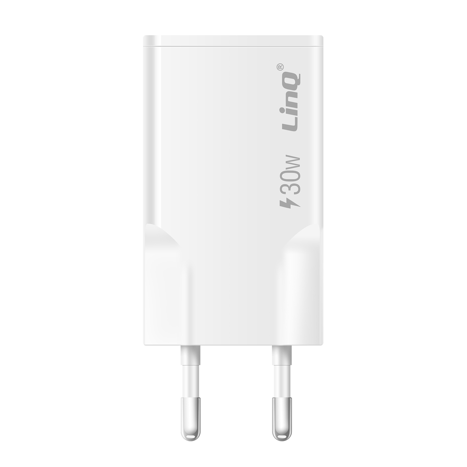 Un alimentatore bianco LinQ da 30W con due pin argentati.