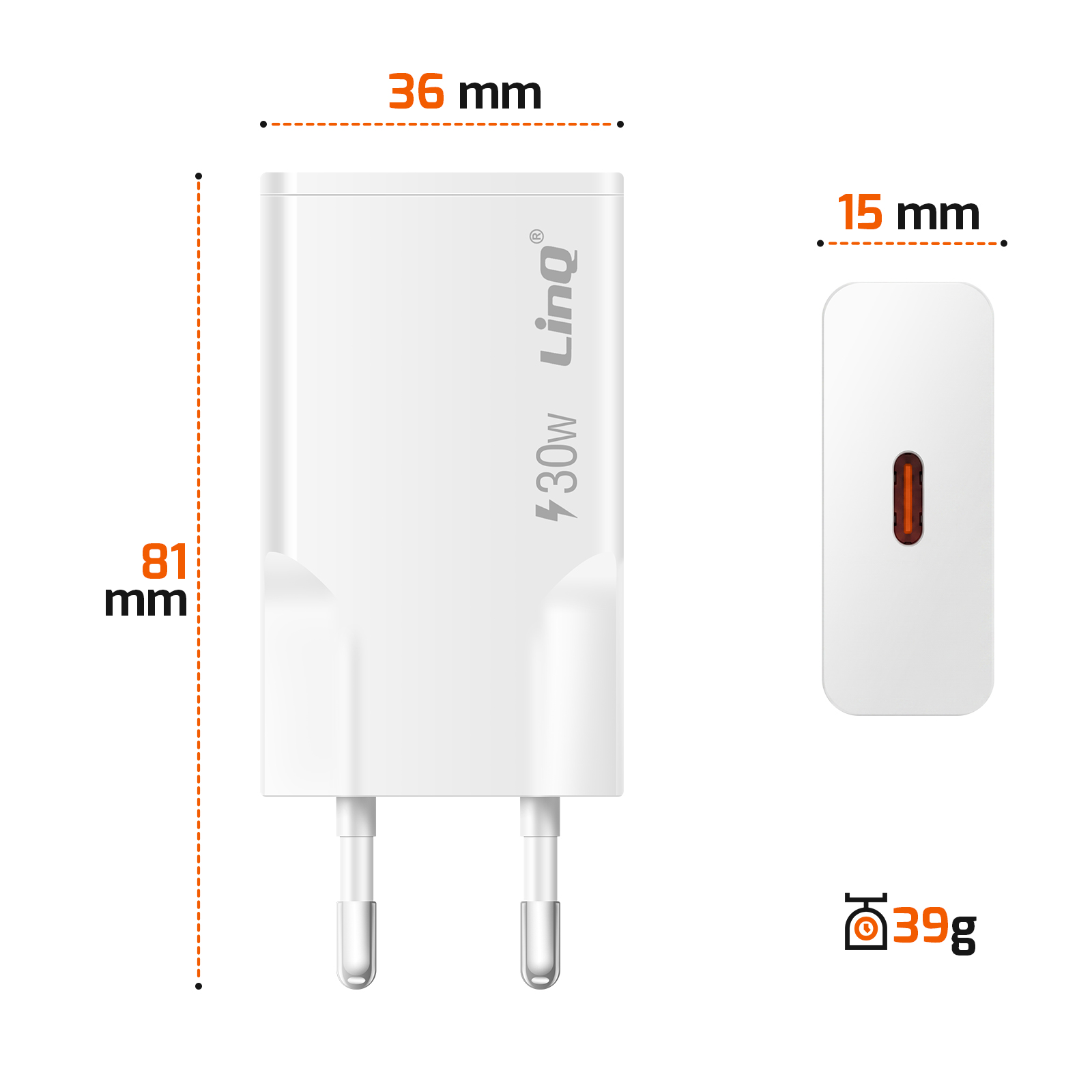 Caricabatterie bianchi, uno con logo LinQ 30W, uno con porta USB-C. Misure.