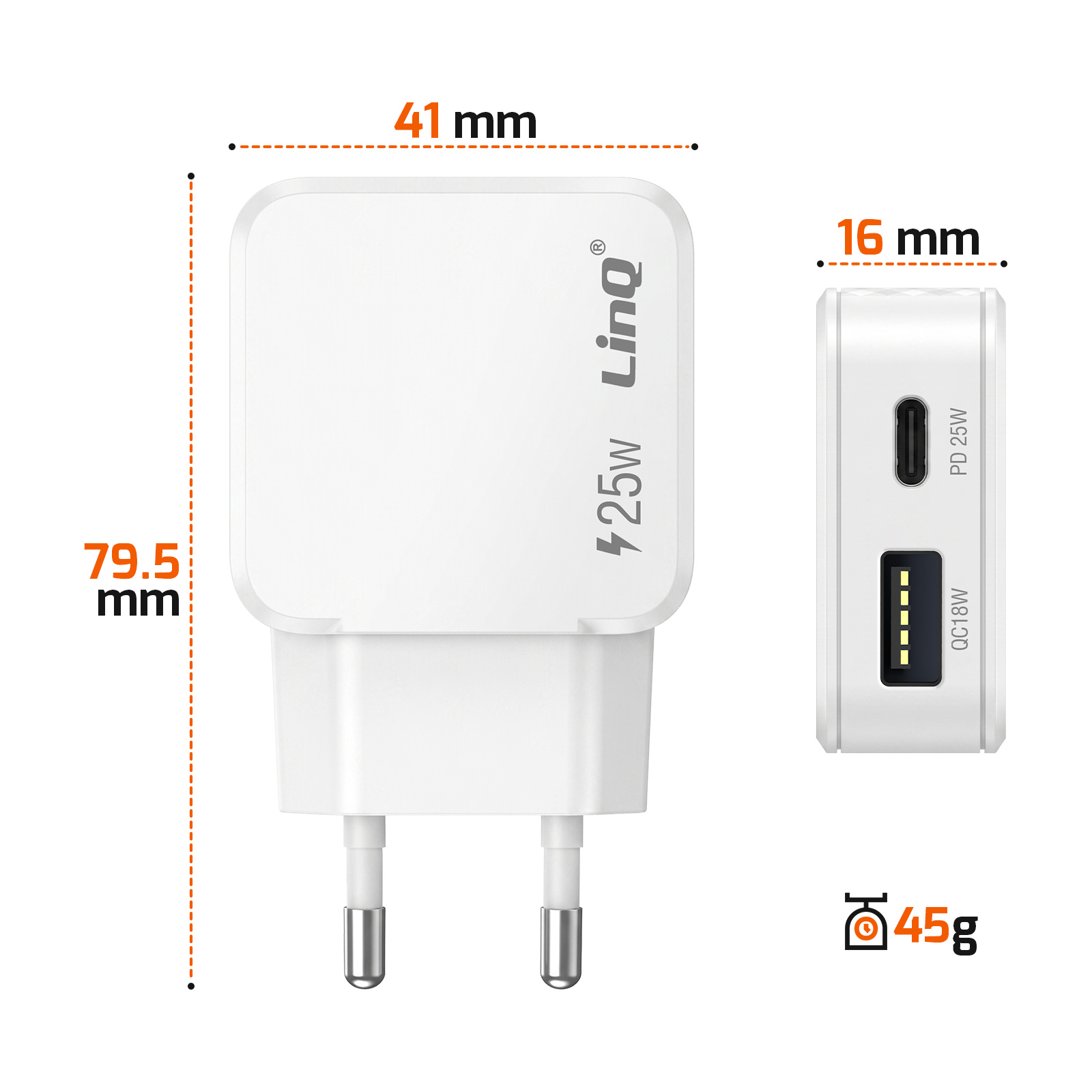 Adattatore di alimentazione bianco con dimensioni: 79,5mm, 41mm, 16mm. Una porta USB-C e una USB-A.