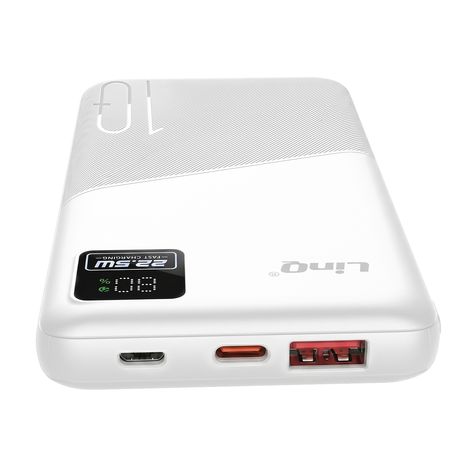 Un power bank bianco con display di ricarica, USB-C e due porte USB-A.