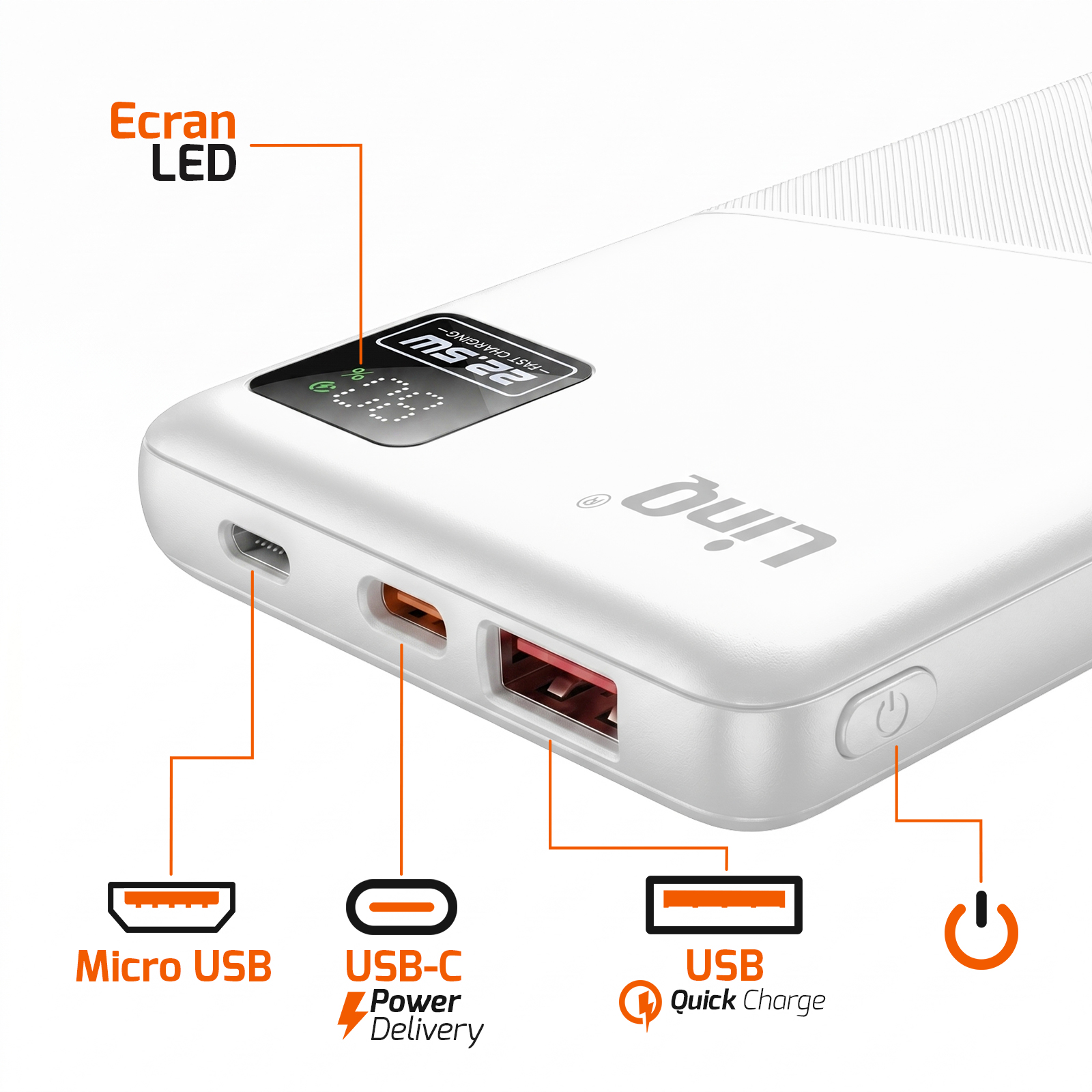 Un power bank bianco con schermo LED, porte Micro USB, USB-C e USB.