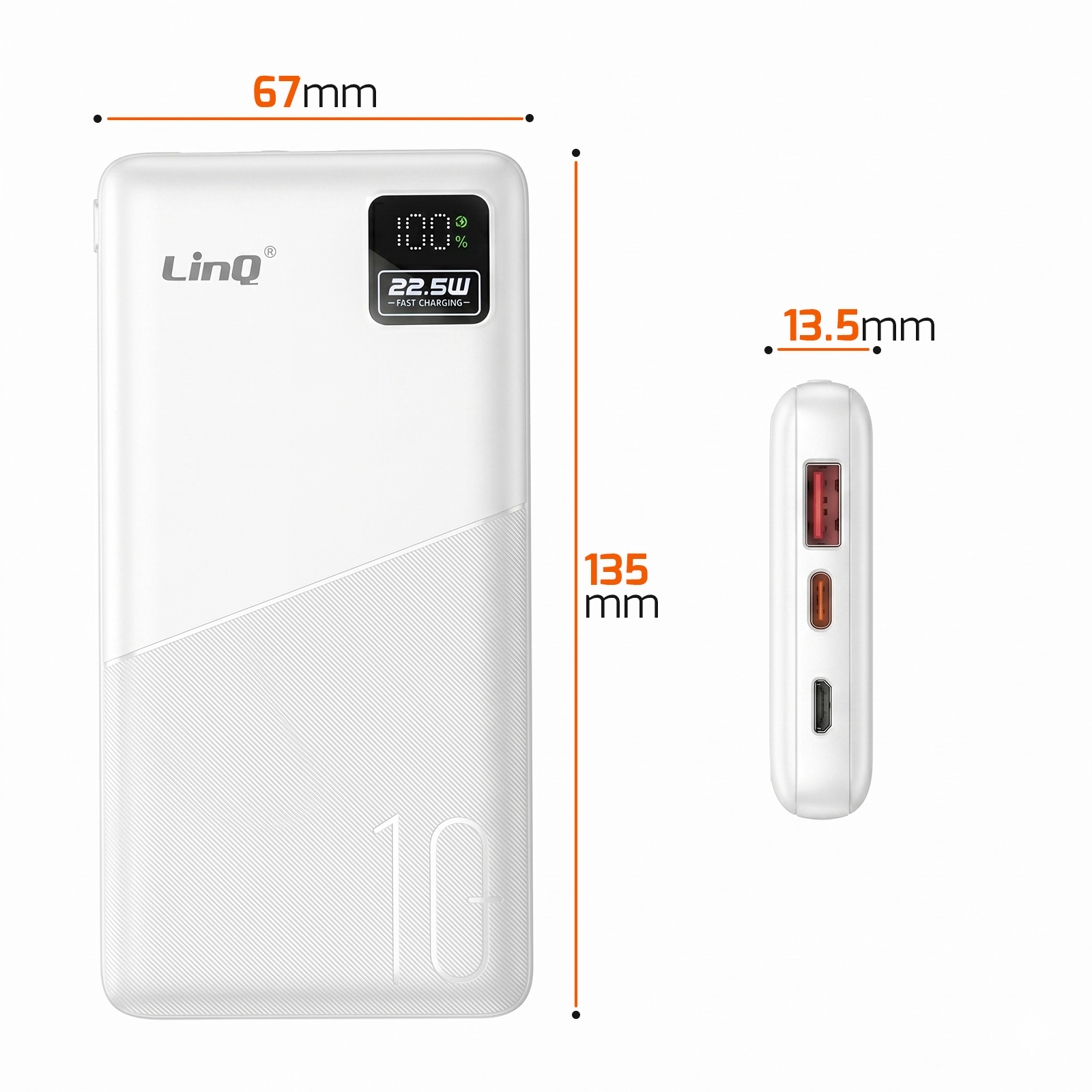 Un power bank bianco con display e porte. Dimensioni 67x135x13.5mm.