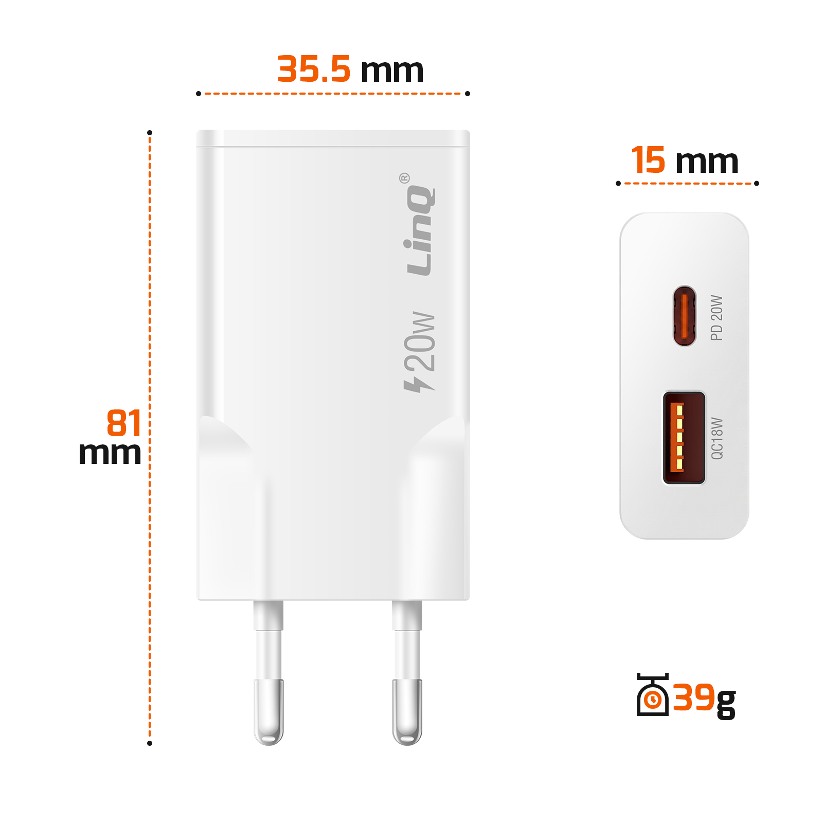 Caricabatterie bianco con dimensioni 81mm, 35,5mm, 15mm. Peso 39g. Porte PD e QC.