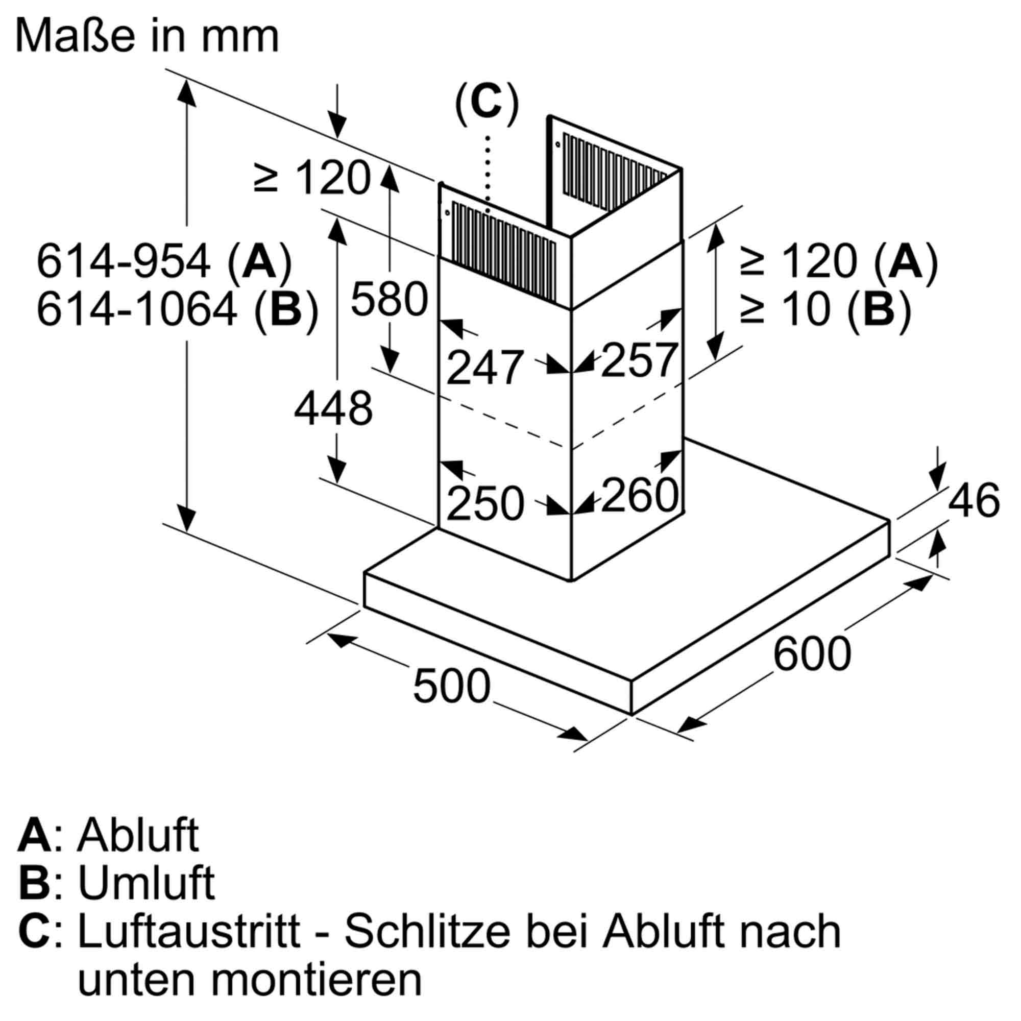 Technische Zeichnung einer Dunstabzugshaube mit Maßen in mm.