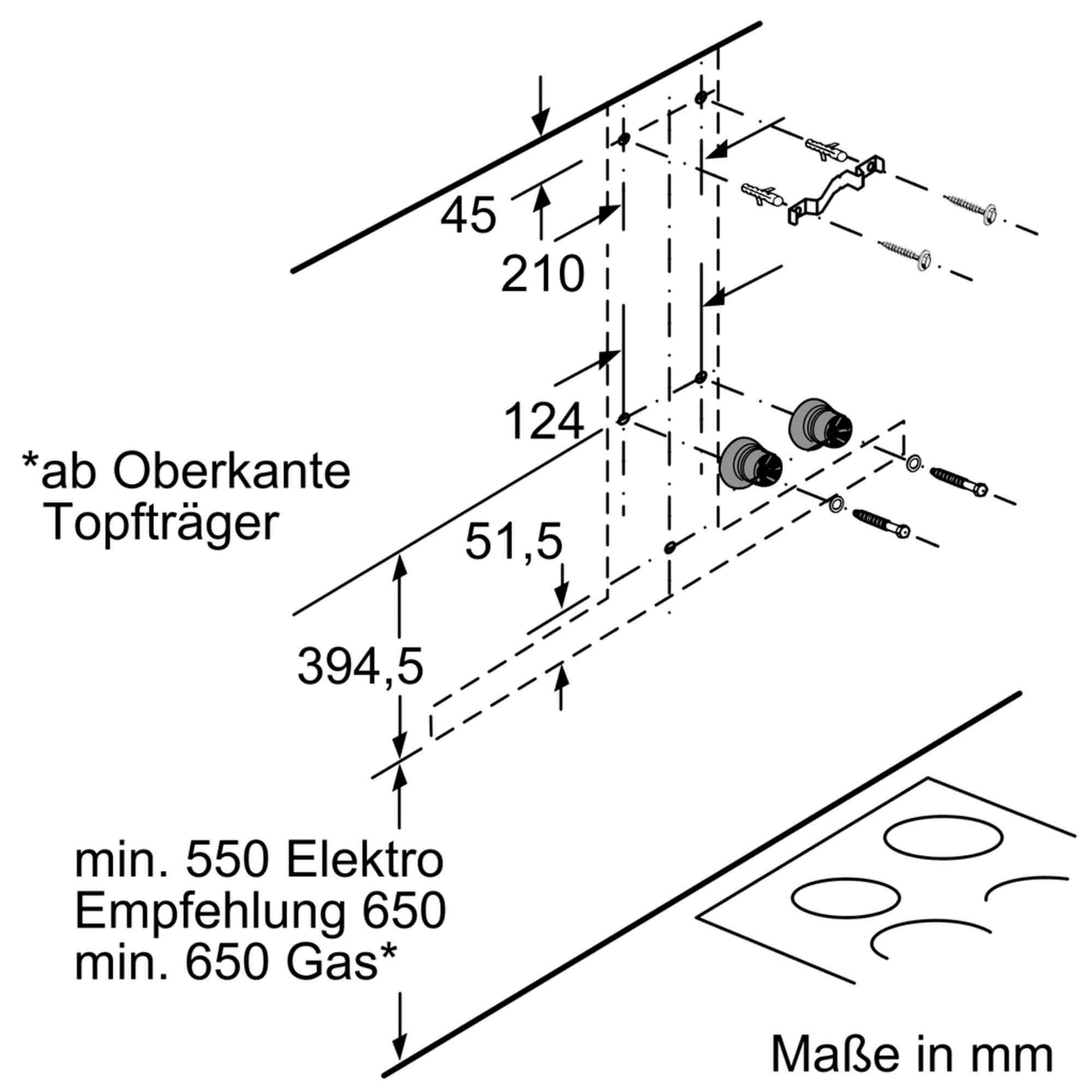 Technische Zeichnung mit Maßen für Installation, zeigt Montagehalterungen und Schrauben.