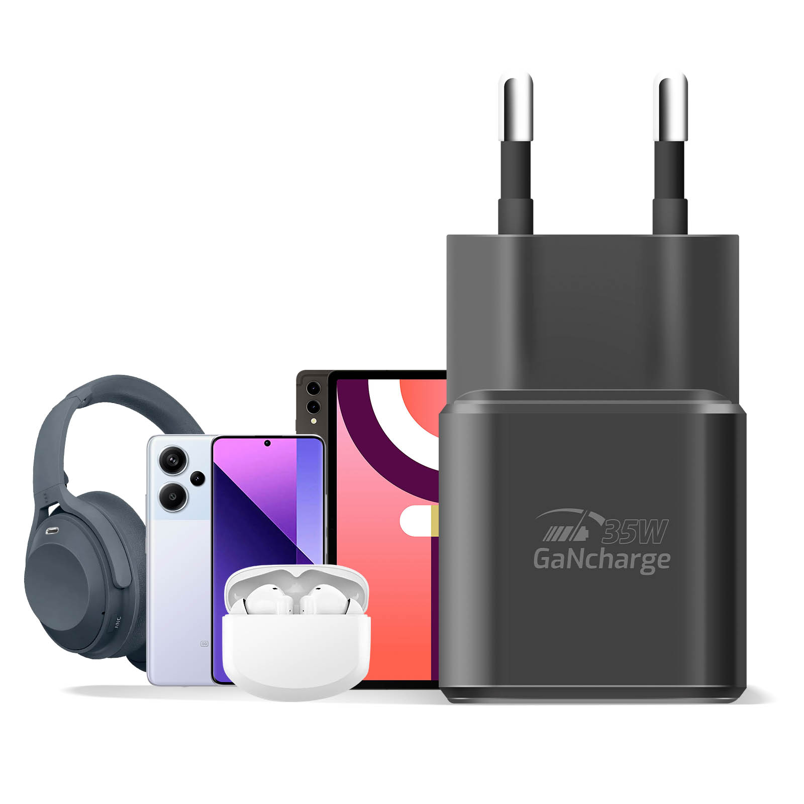 Cuffie grigie, smartphone bianco, tablet, auricolari bianchi e caricabatterie nero.