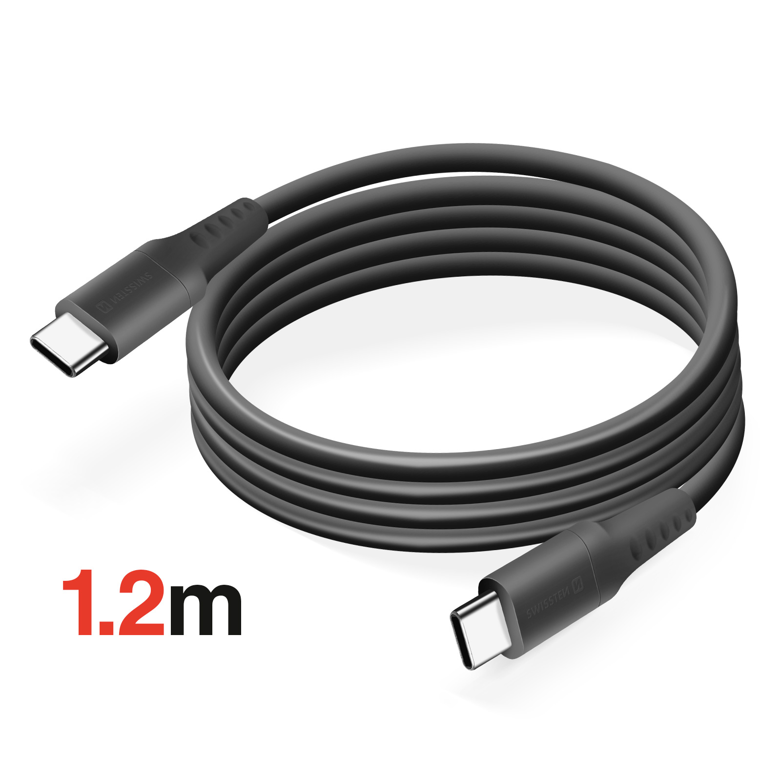 Cavo USB-C nero da 1,2 m con due connettori su sfondo bianco.