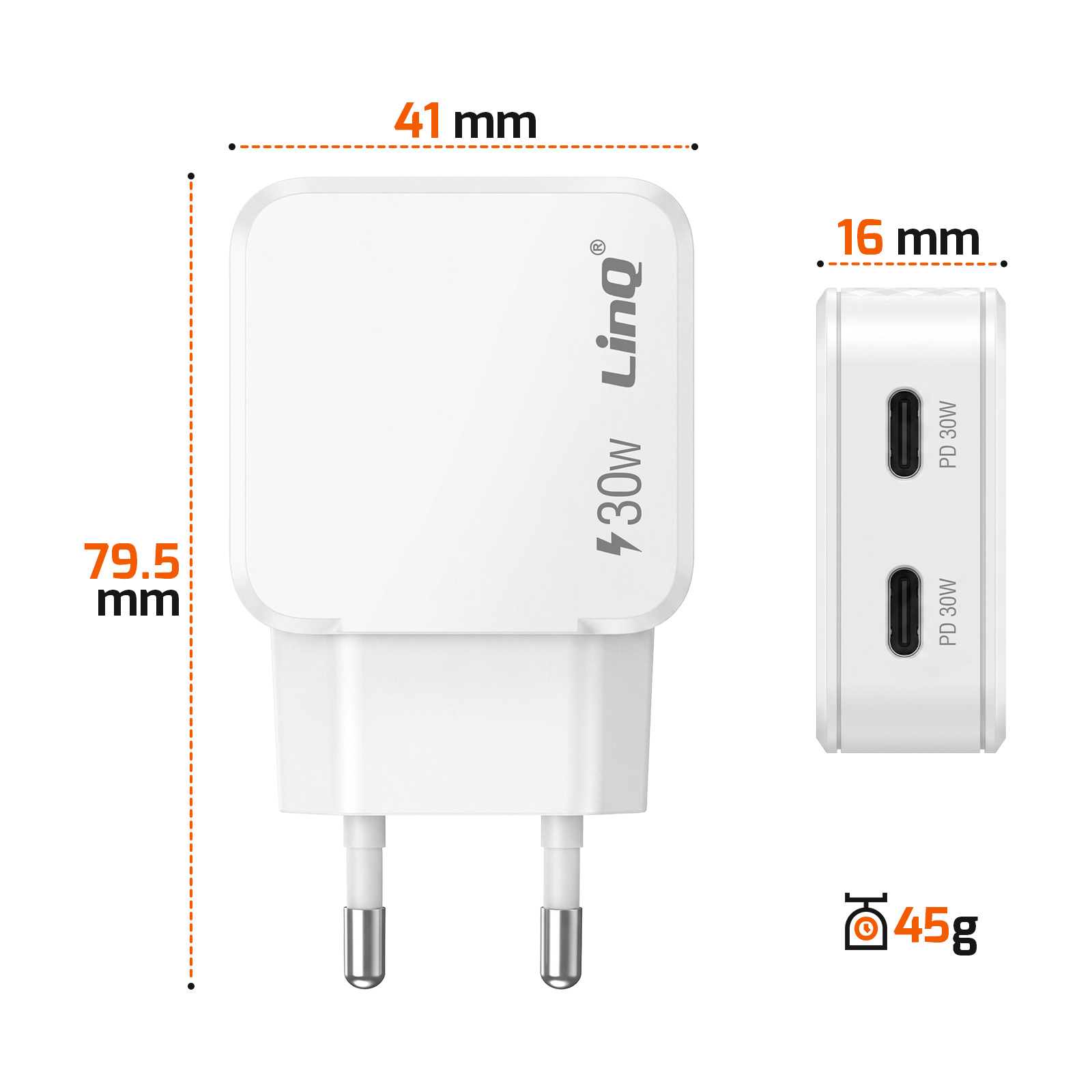 Un caricatore bianco con due porte USB-C, dimensioni 79,5 x 41 x 16 mm e peso 45g.