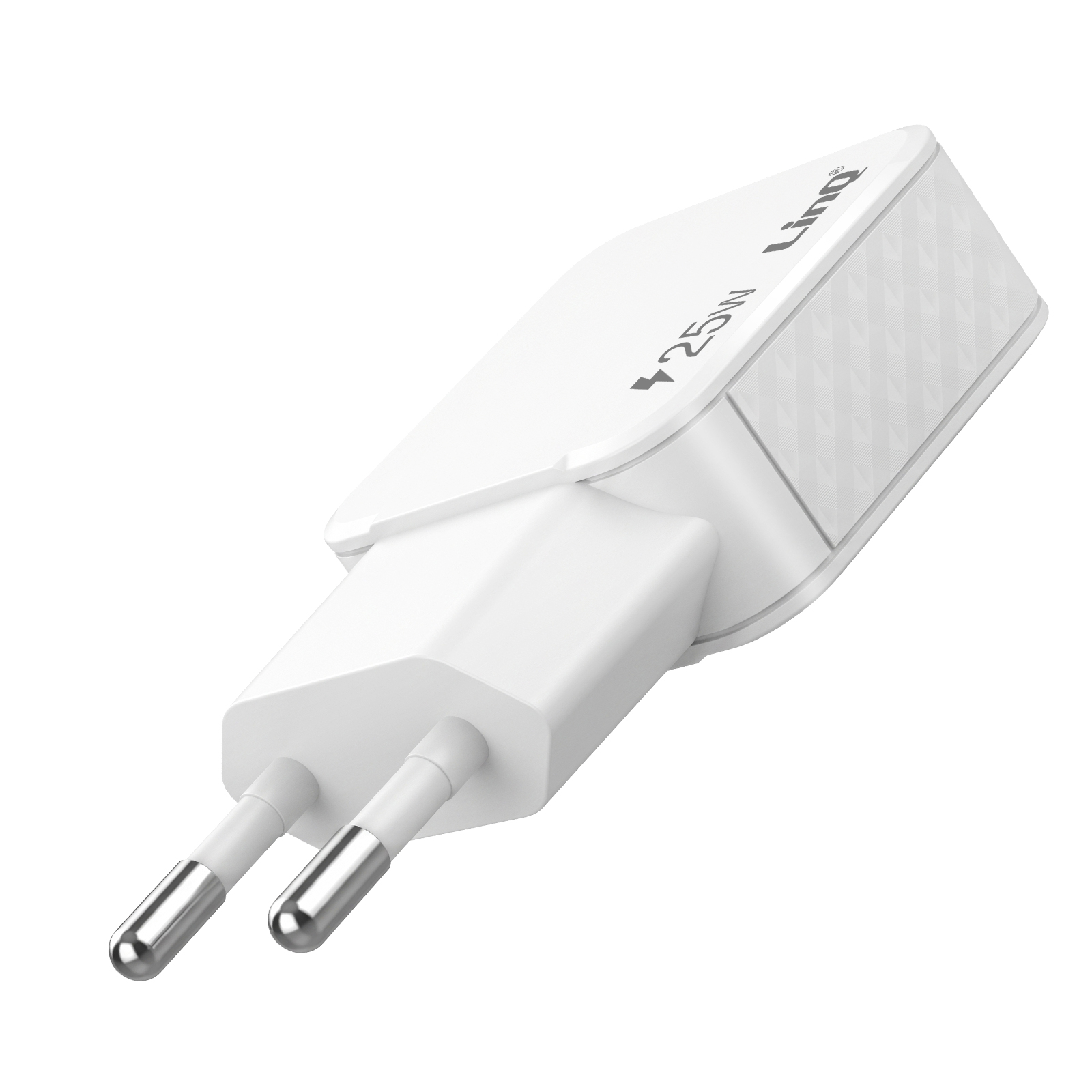 Un caricatore bianco Lino da 25W con due pin argentati.