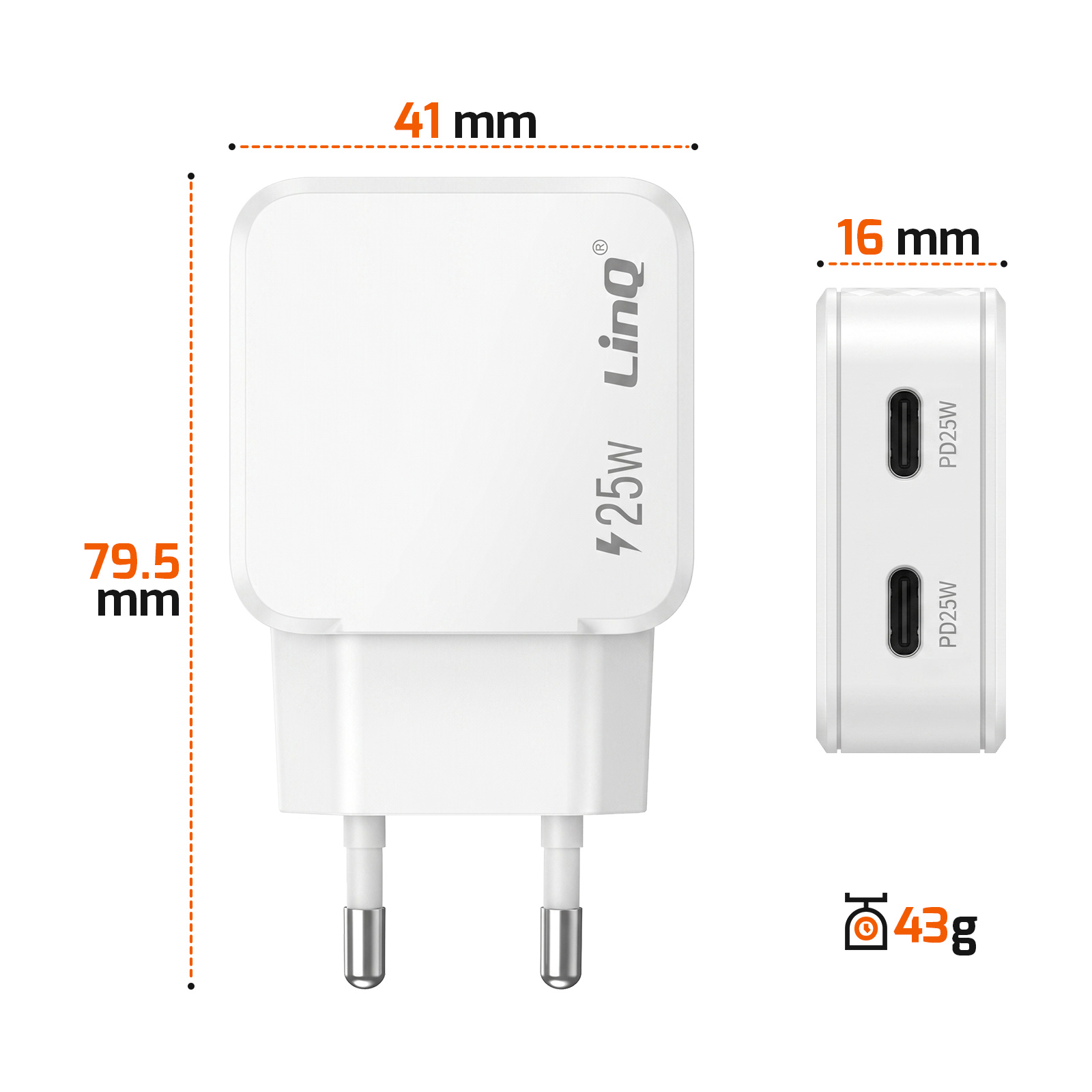 Caricatore bianco con due porte USB-C, 41x79,5mm, spessore 16mm, 43g.