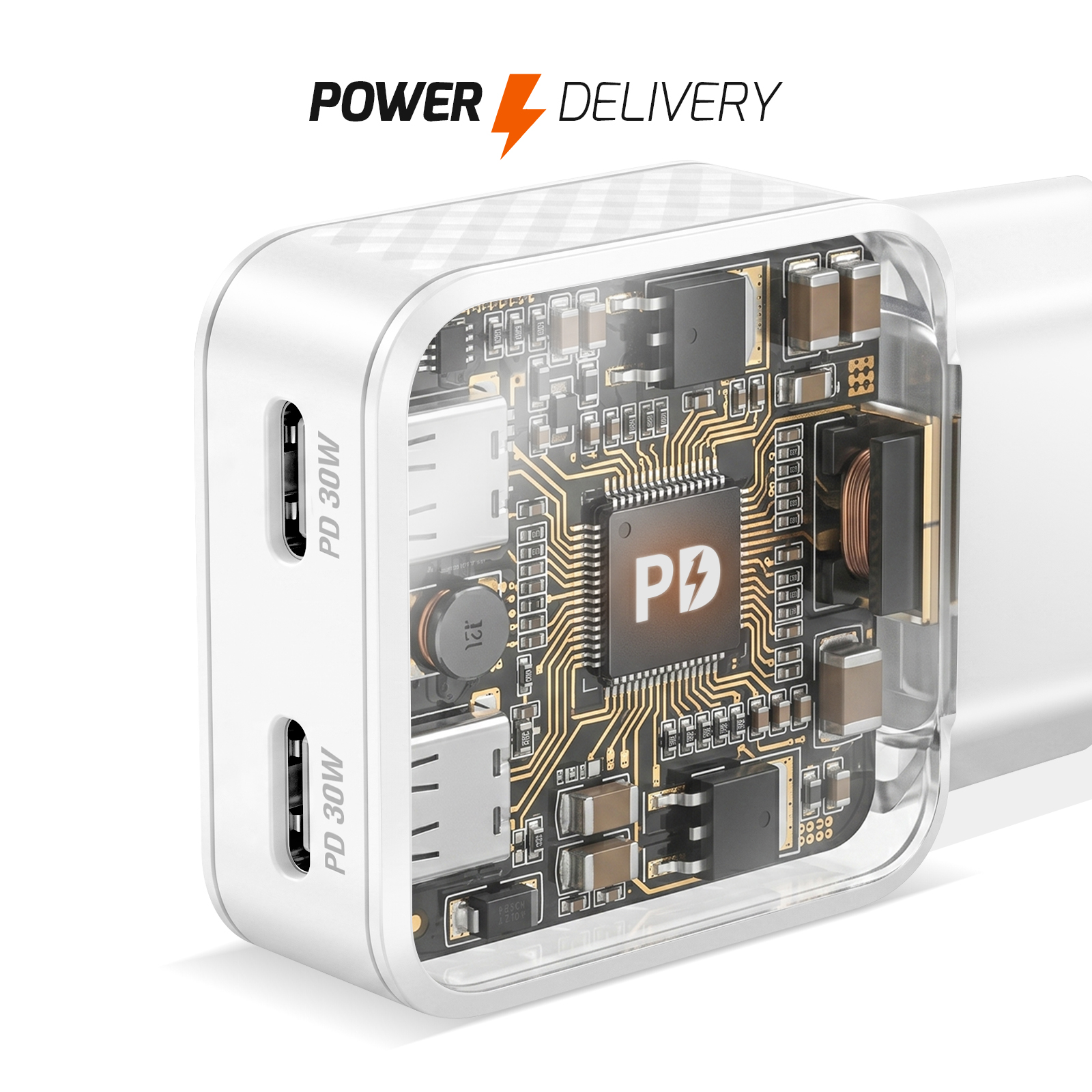 Caricatore bianco con due porte PD 30W, mostra circuiti interni e logo PD.