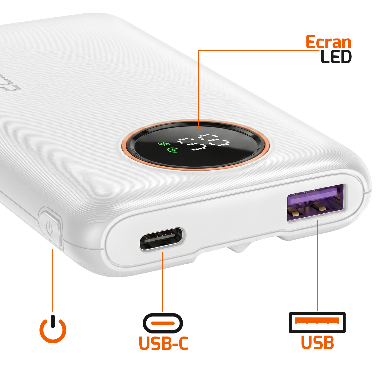 Power bank bianca con porte USB-C, USB e display LED.