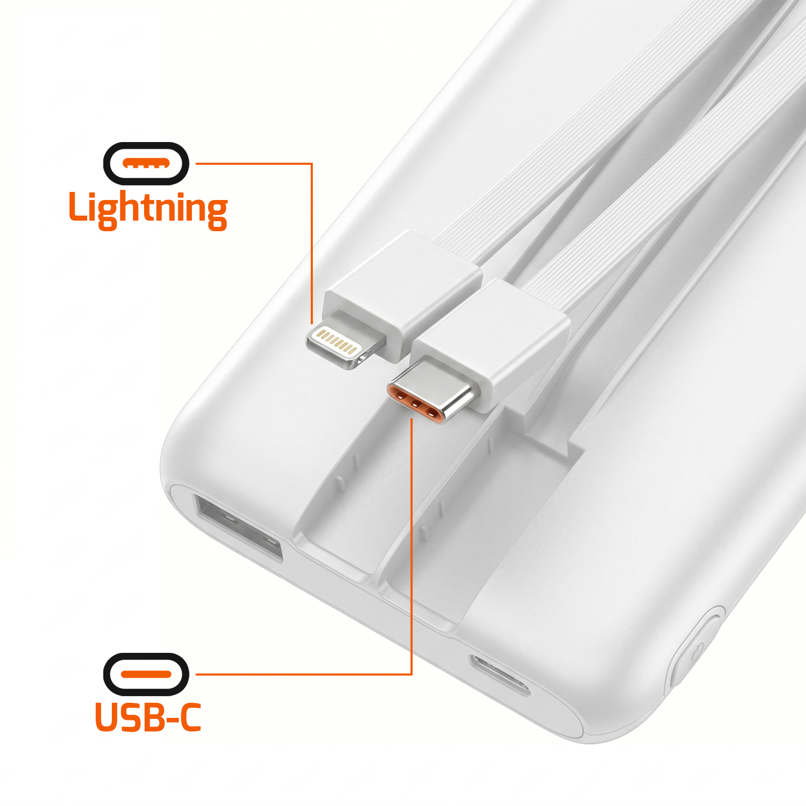 Un accessorio power bank bianco con cavi Lightning e USB-C.