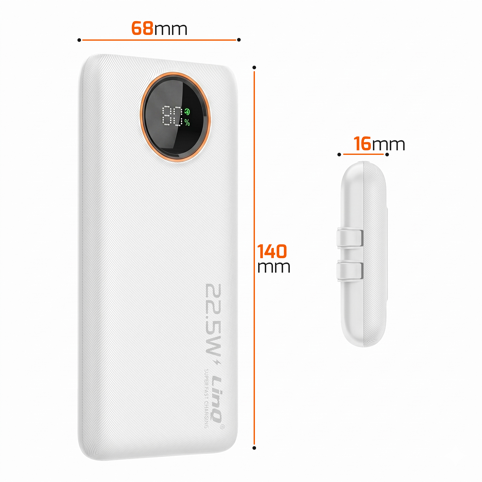 Power bank bianca con display 80%, dimensioni 68x140x16mm.