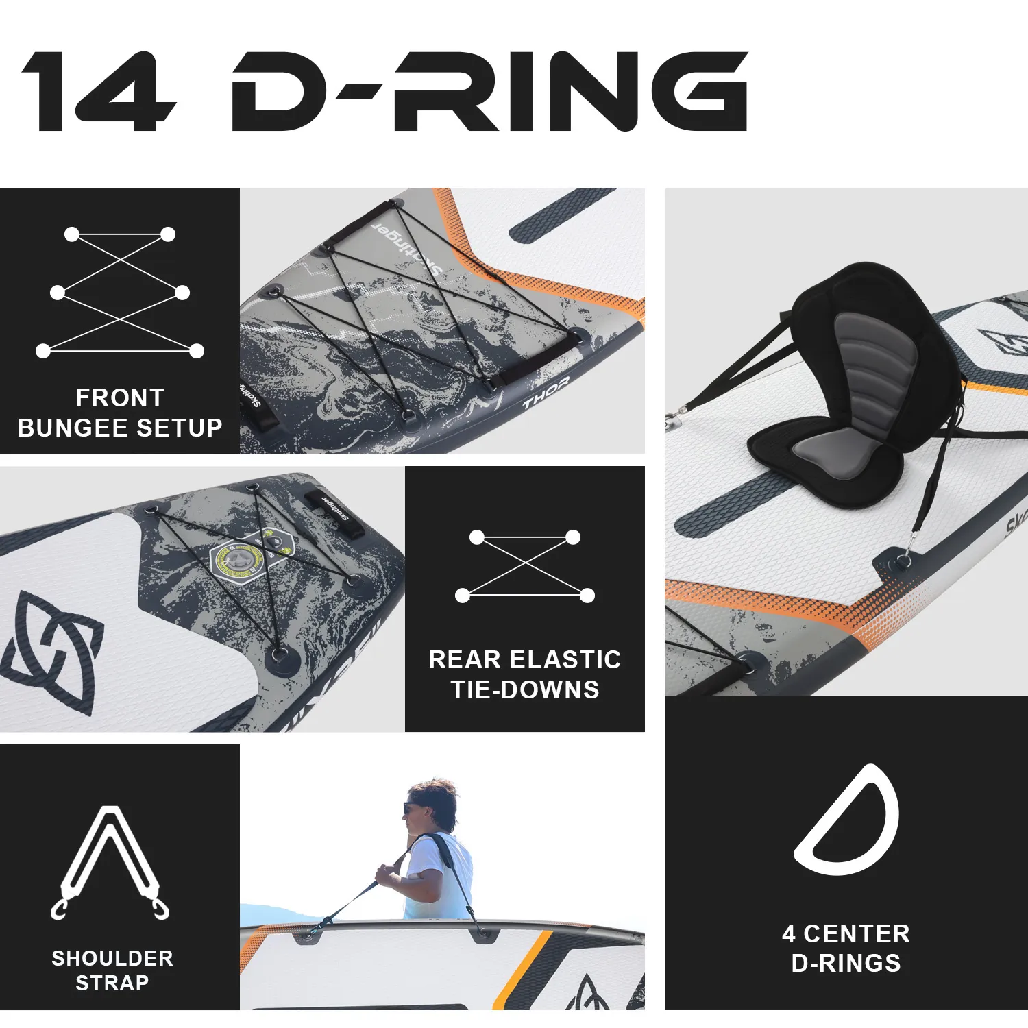 Nadmuchiwana deska 14 D-Ring z bungee, paskami i D-ringami.