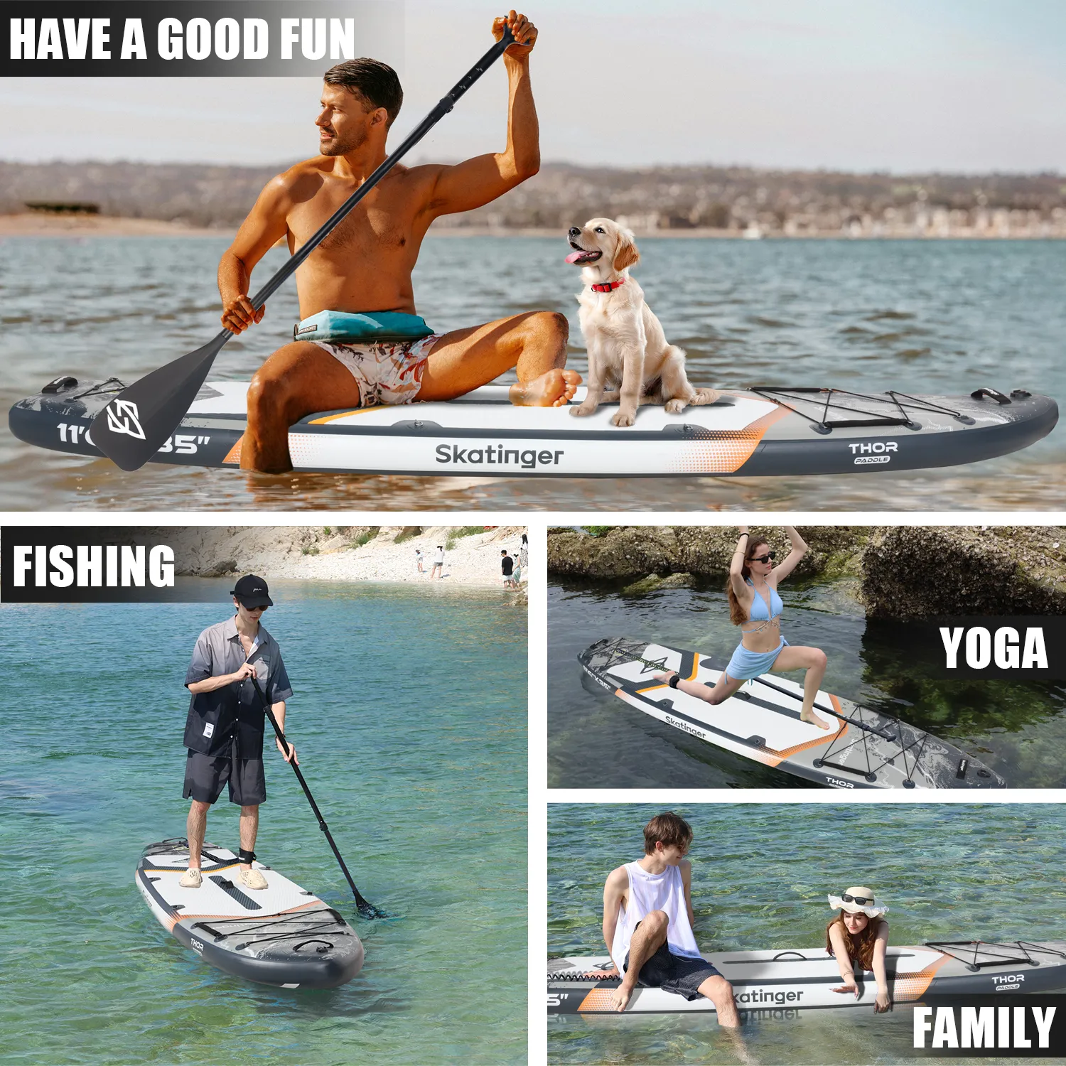 Kolaż z paddleboardingu: mężczyzna i pies, wędkowanie, joga, rodzinna zabawa.