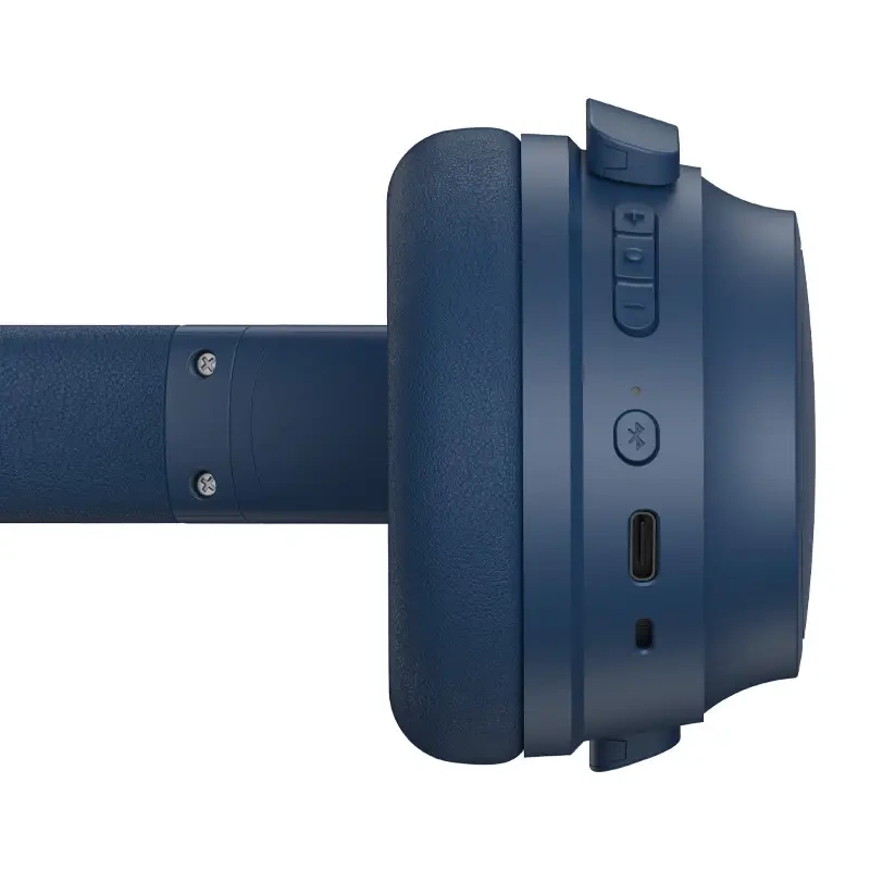 Cuffie blu scuro con porta di ricarica e simbolo Bluetooth.