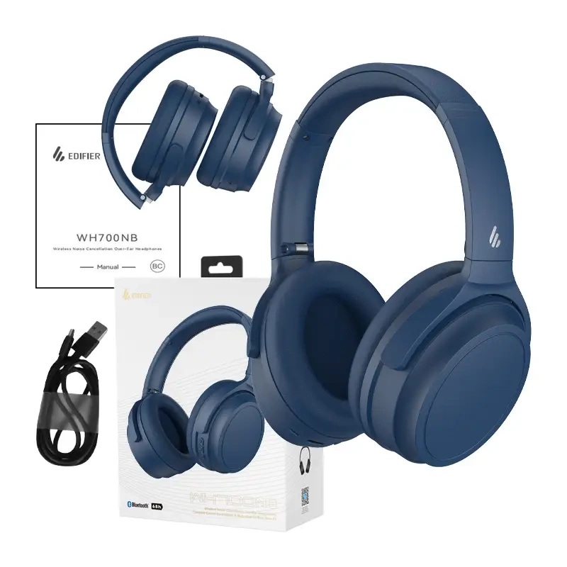 Cuffie Edifier blu over-ear con accessori e confezione.