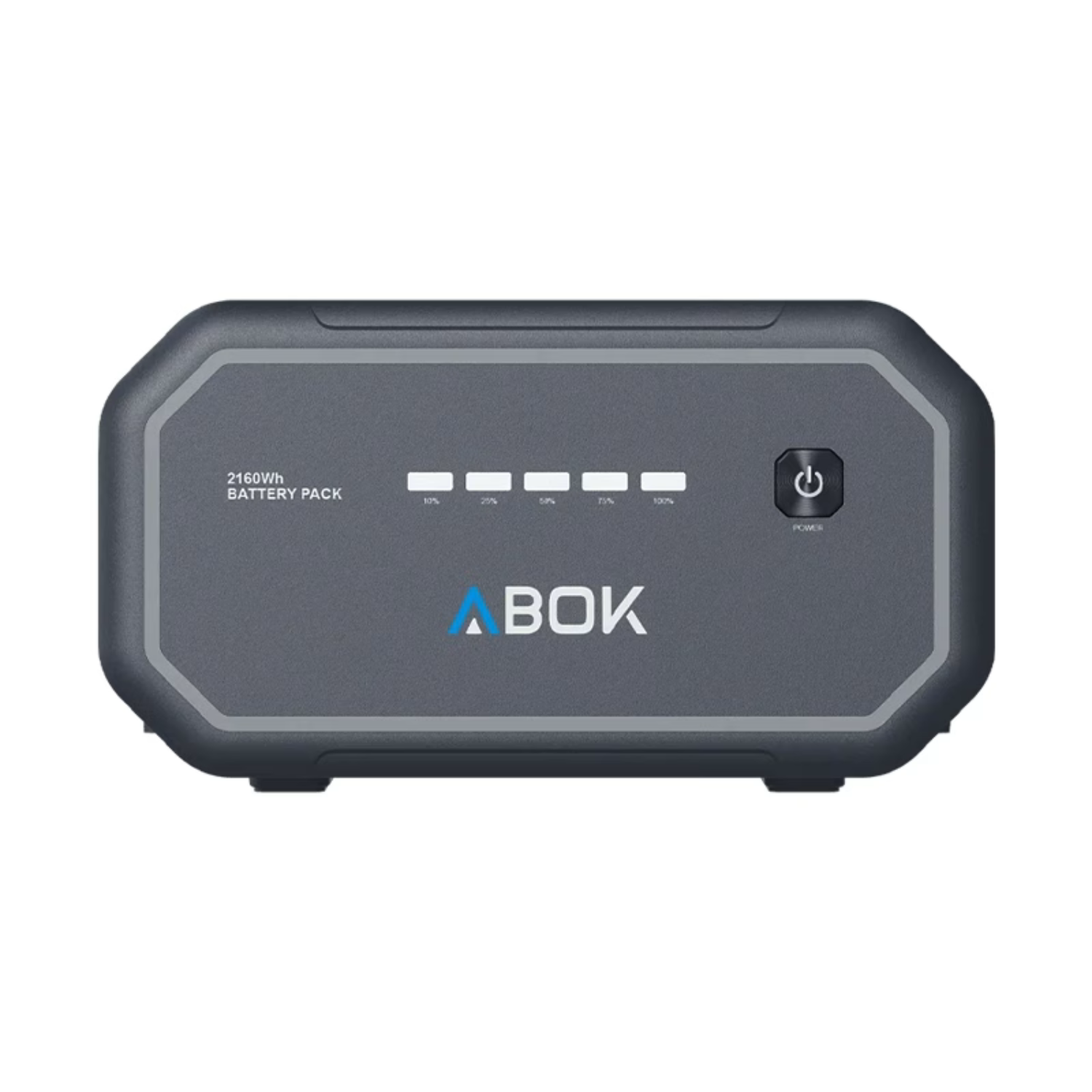 Szary powerbank 2160Wh ze wskaźnikiem naładowania i przyciskiem zasilania.