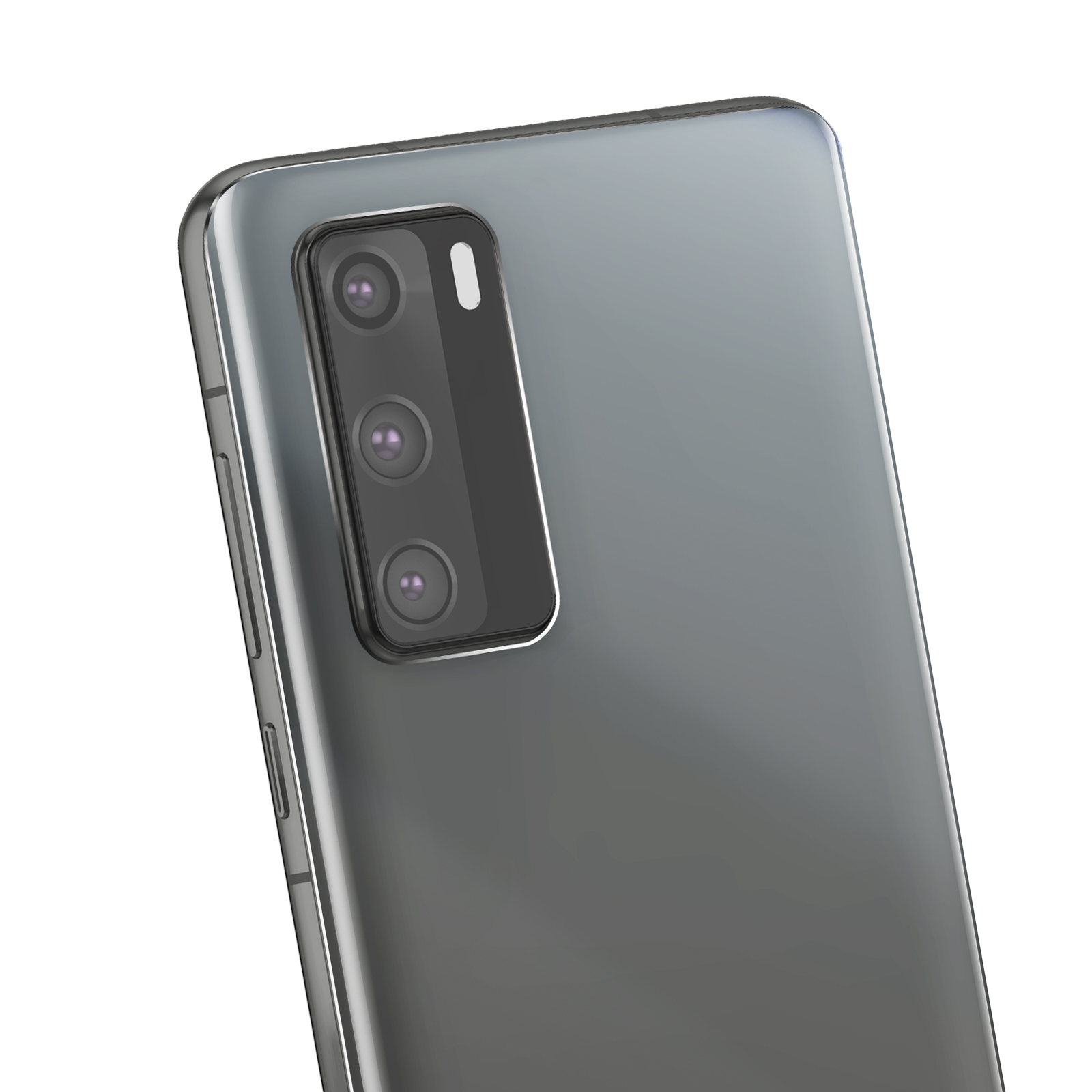 Smartphone grigio con tripla fotocamera e flash sul retro.