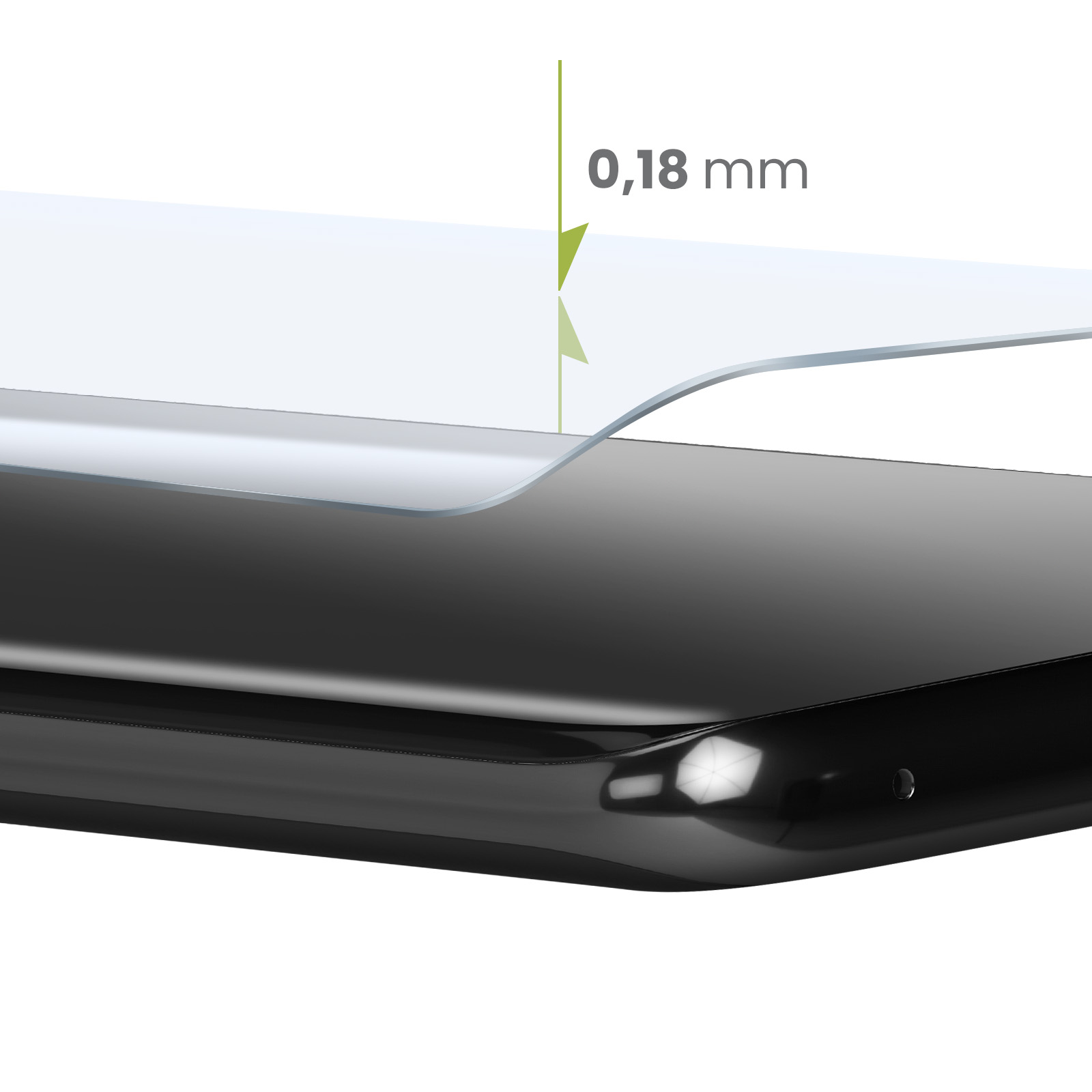 Una pellicola protettiva trasparente di 0,18 mm su uno smartphone nero.