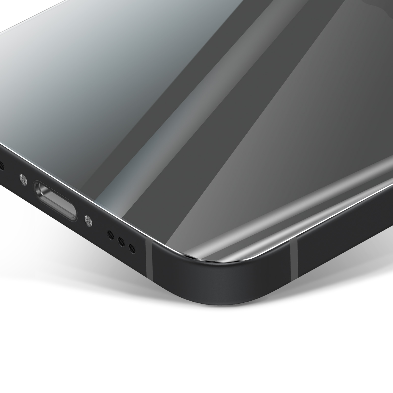 Un primo piano dell'angolo di uno smartphone nero, che mostra una porta di ricarica e griglie dell'altoparlante.