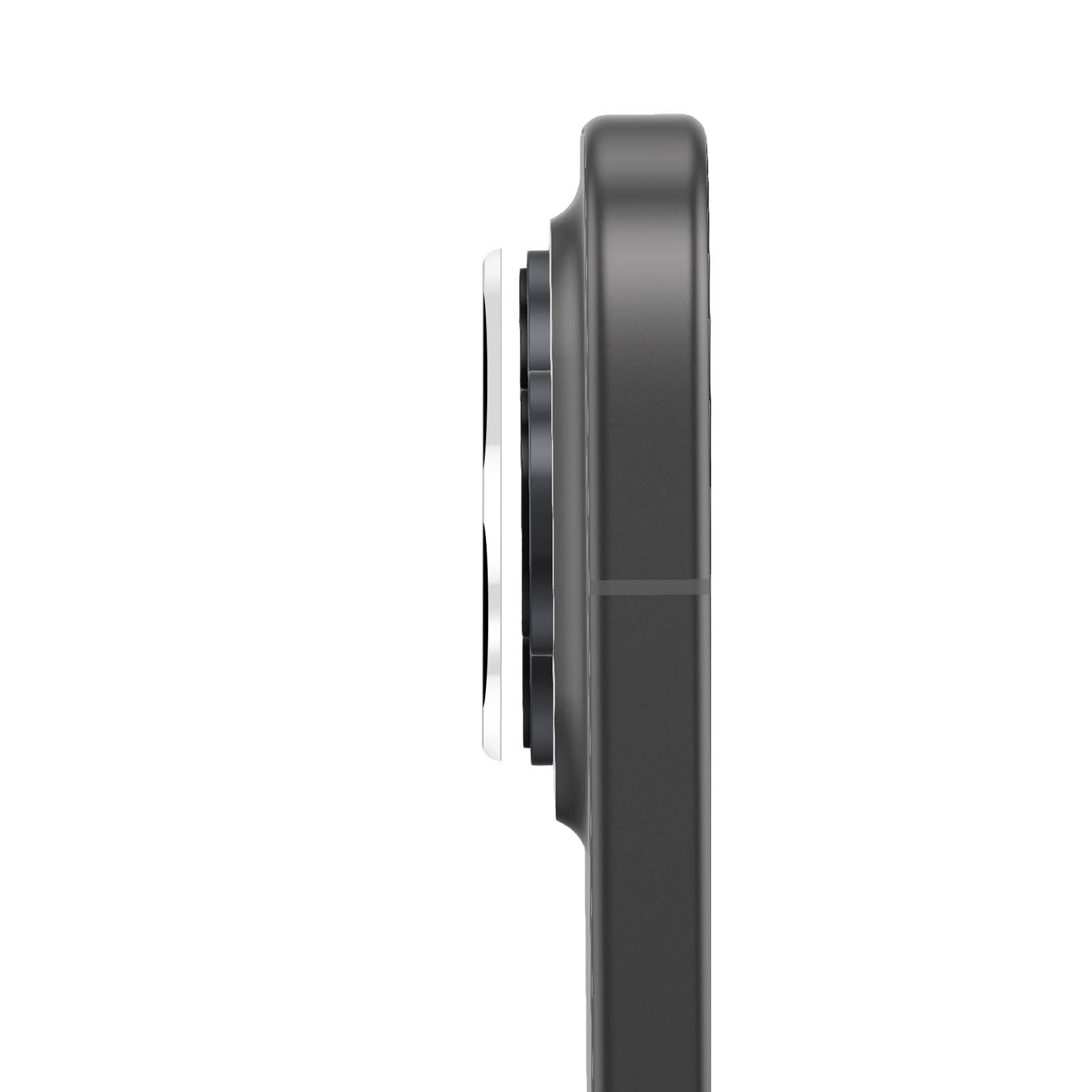 Primo piano di una fotocamera scura per smartphone con anelli bianchi.