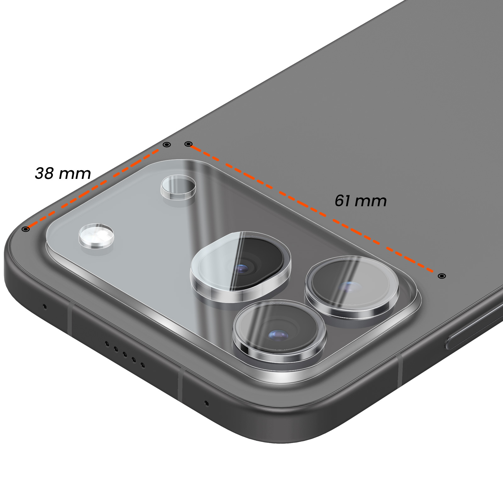 Retro di uno smartphone con tre fotocamere. Dimensioni 38 mm e 61 mm.
