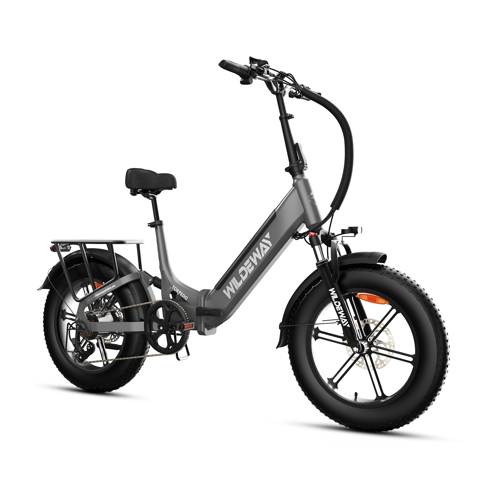 Bicicleta eléctrica gris con neumáticos anchos, portaequipajes y logo "WILDEWAY".